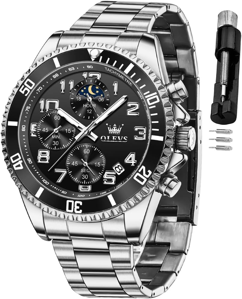 OLEVS Mens Watches Chronograph Luxury Dress Moon Phase Two Tone Stainless Steel Waterproof Luminous Business Calendar Wrist Watch