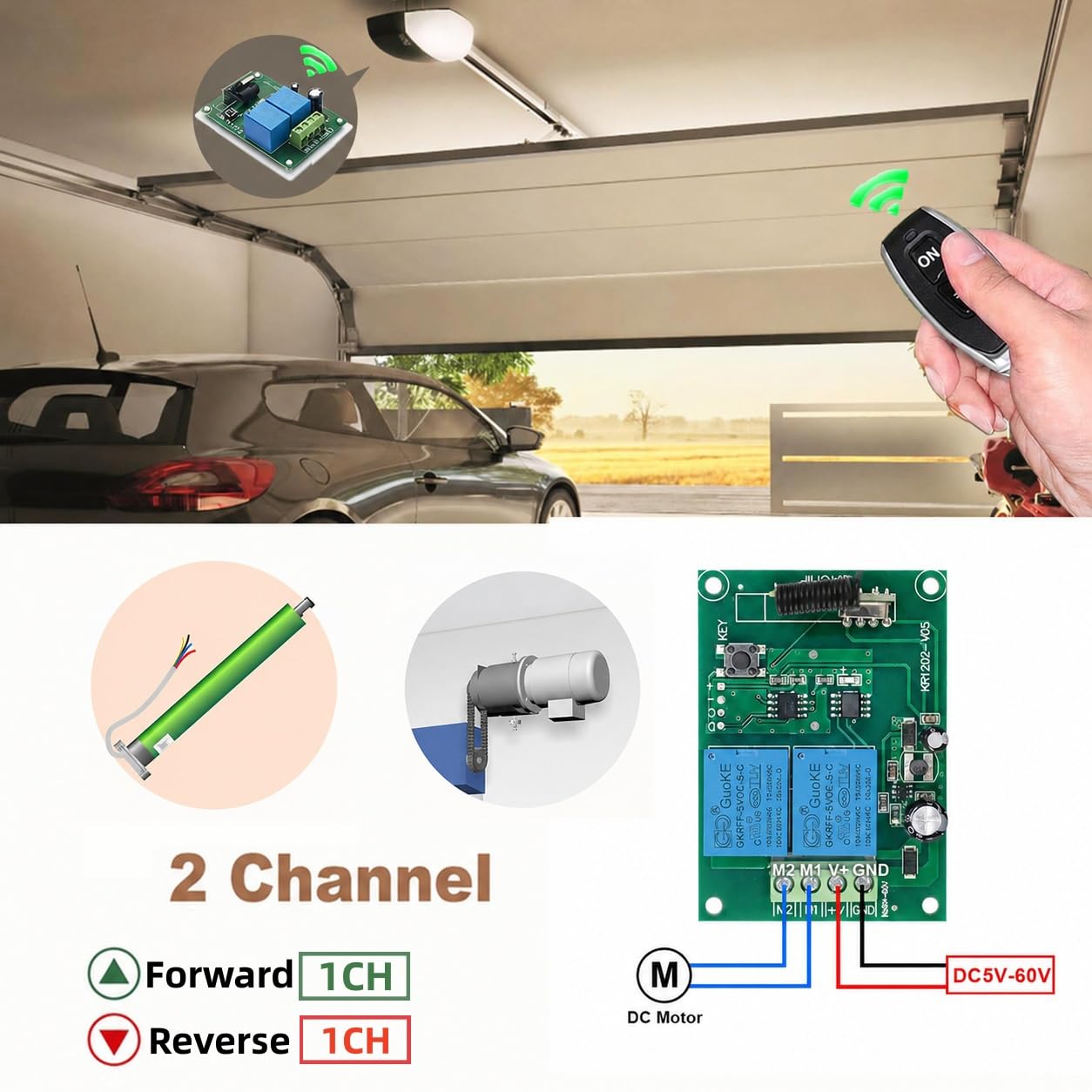 Contrôleur de moteur DC 12V DC, Commutateur de télécommande sans fil RF 433Mhz 10A Récepteur de relais avec 4 émetteurs, pour la rotation avant et arrière des moteurs, porte de porte, volet roulant