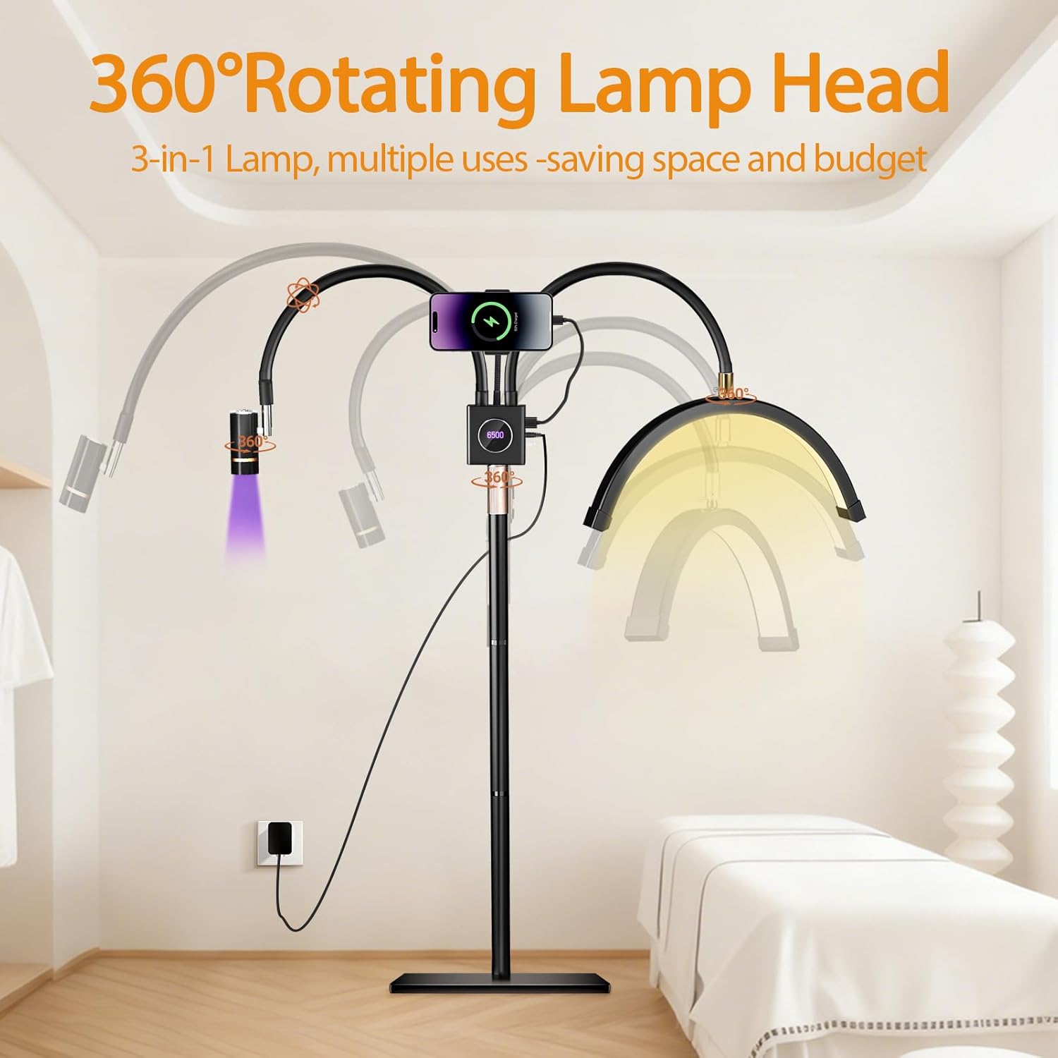 Half Moon Lash Light for Lash Tech, 3-in-1 Professional Esthetician Light with UV Lash Lamp & Phone Holder, Adjustable Height&Brightness for Tattoo,Nail Art,Skincare,Salon,Spa (Black)