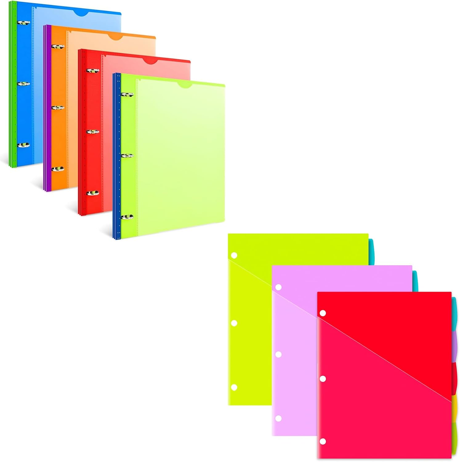 INFUN 0.75 inch Telescoping 3 Ring Binder with Customizable Front Cover- Green, Red, Orange, Blue - 4 PCS + 15 PCS 5-Tab Plastic 2 Pockets Binder Dividers