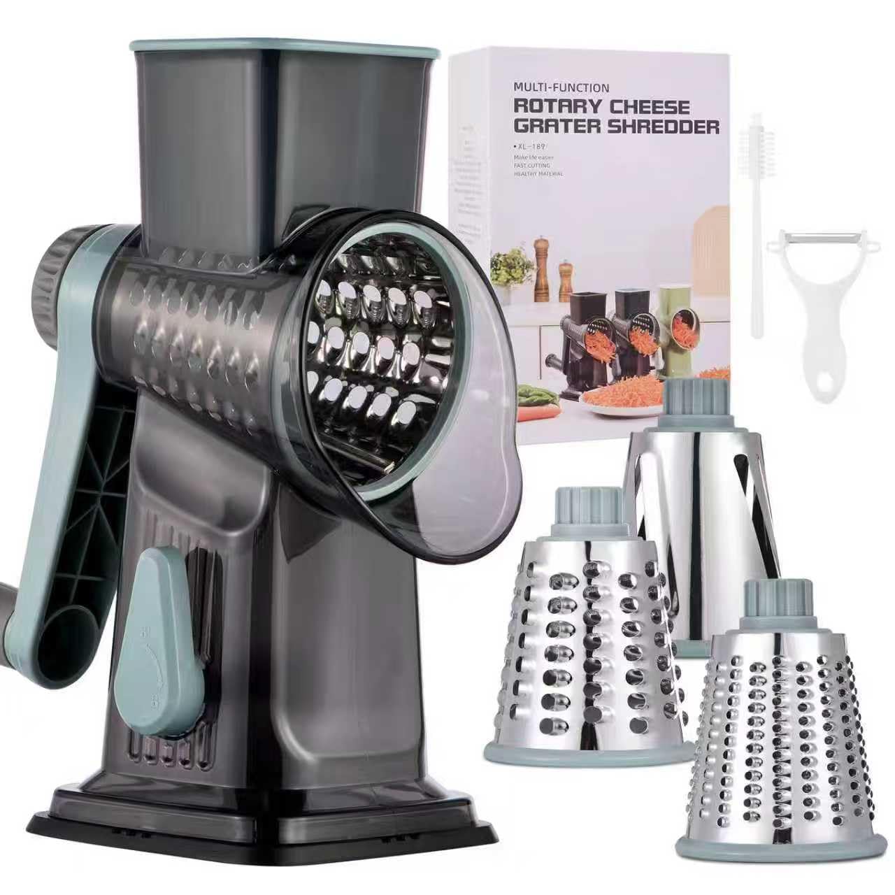 Rotary Cheese Grater with Handle Kitchen Shredder Slicer Grater Slicer Ice Shaver Cheese Vegetable Nuts Potato Zucchini Chocolate 3 Interchangeable Blades (GreyBlue)
