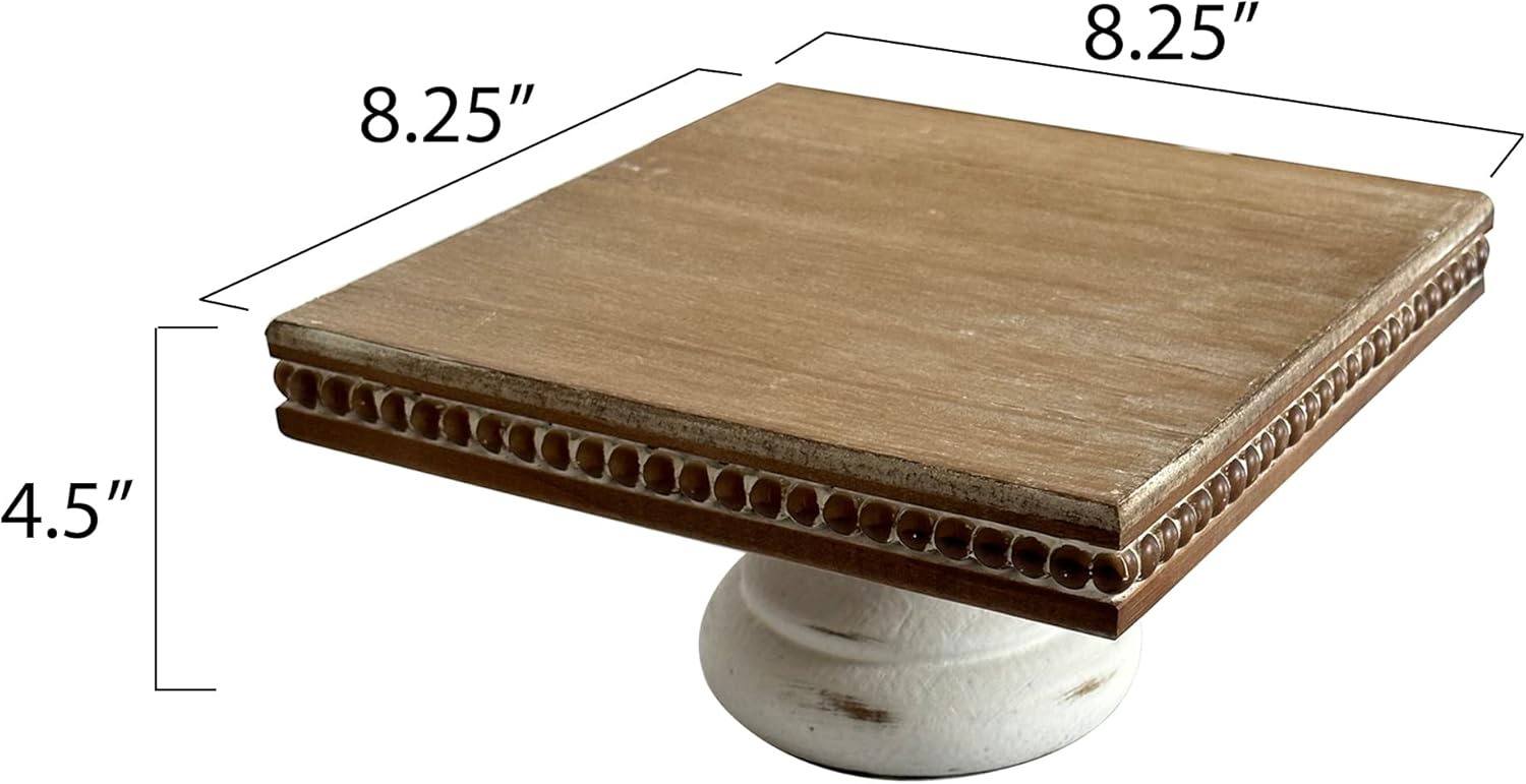 dwellington White Wash Display Wood Riser, 8.25 inch Shabby Chic Pedestal Tray Decor with Beads, Farmhouse Display Stands for Coffee Bar, Bathroom, Kitchen Island (Square)