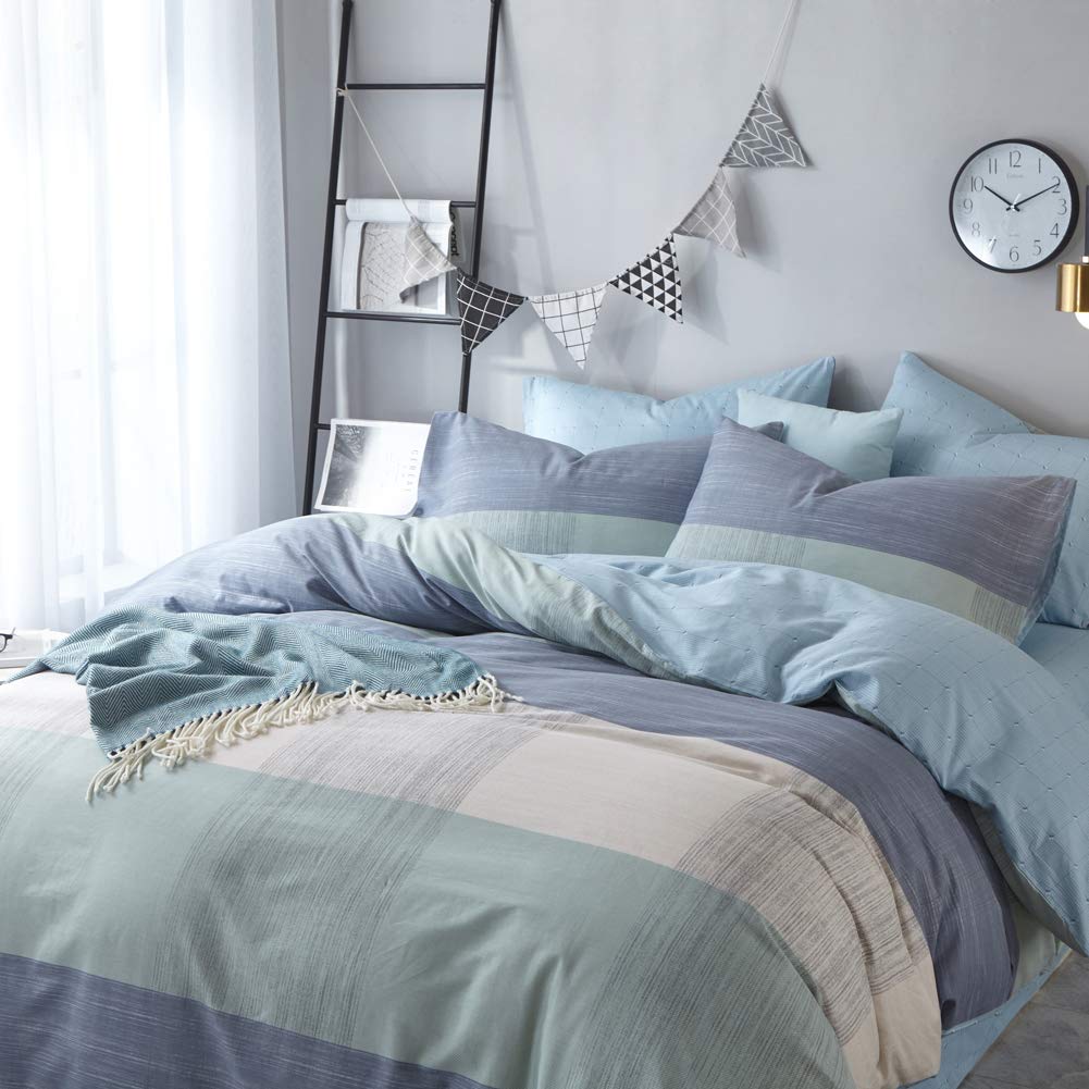 mixinni Geometric Duvet Cover Queen Soft Cotton Blue Patchwork Modern Bedding Set with Zipper Ties Mint Green Duvet Cover Set Perfect for Him and Her, Easy Care, Soft and Durable-Queen/Full Size
