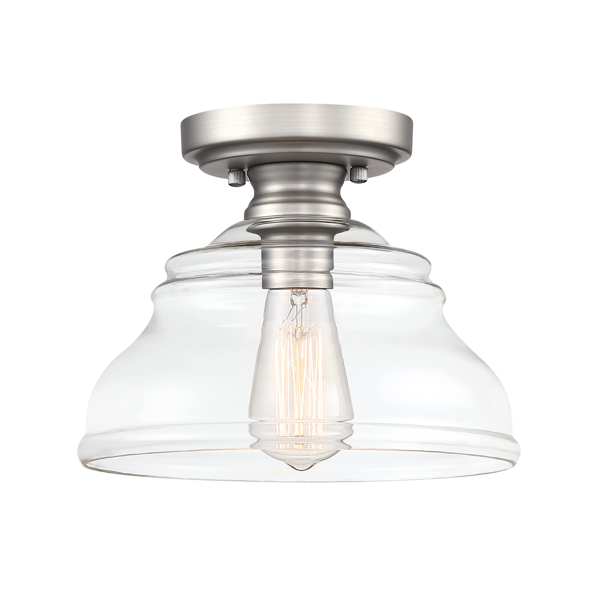 Industrial Semi Flush Mount Ceiling Light, Modern Clear Glass Shade Ceiling Light Fixture Farmhouse Close to Ceiling Lights in Satin Nickel for Hallway Bedroom, Kitchen Entryway Porch