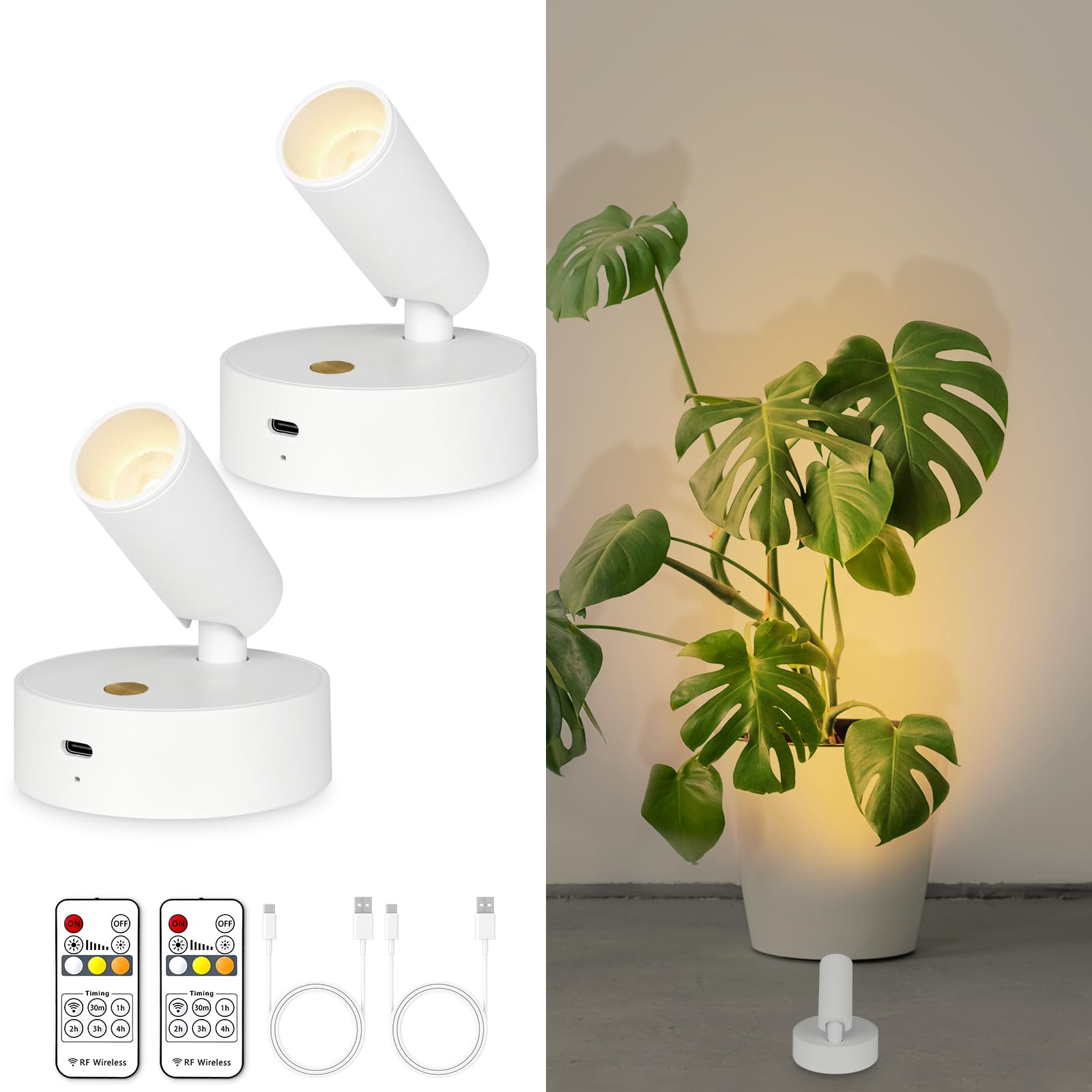 HXYSXHJUO Rechargeable LED Spotlight with Remote, Battery Operated Indoor Uplighting, Dimmable Wall Lamp for Artwork and Plants, 2-Pack Timer