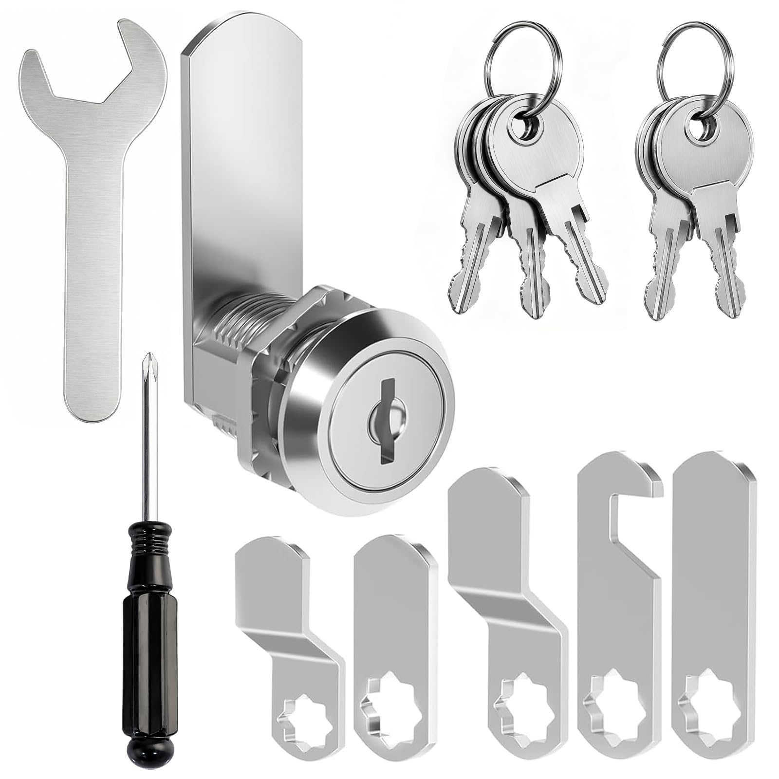25mm Cam Lock Set, Mailbox Cabinet Lock Replacement with 5 Metal Keys, 5 Locking Plates, Screwdriver & Wrench, Zinc Alloy Drawer Locker Cupboard Lock, Silver