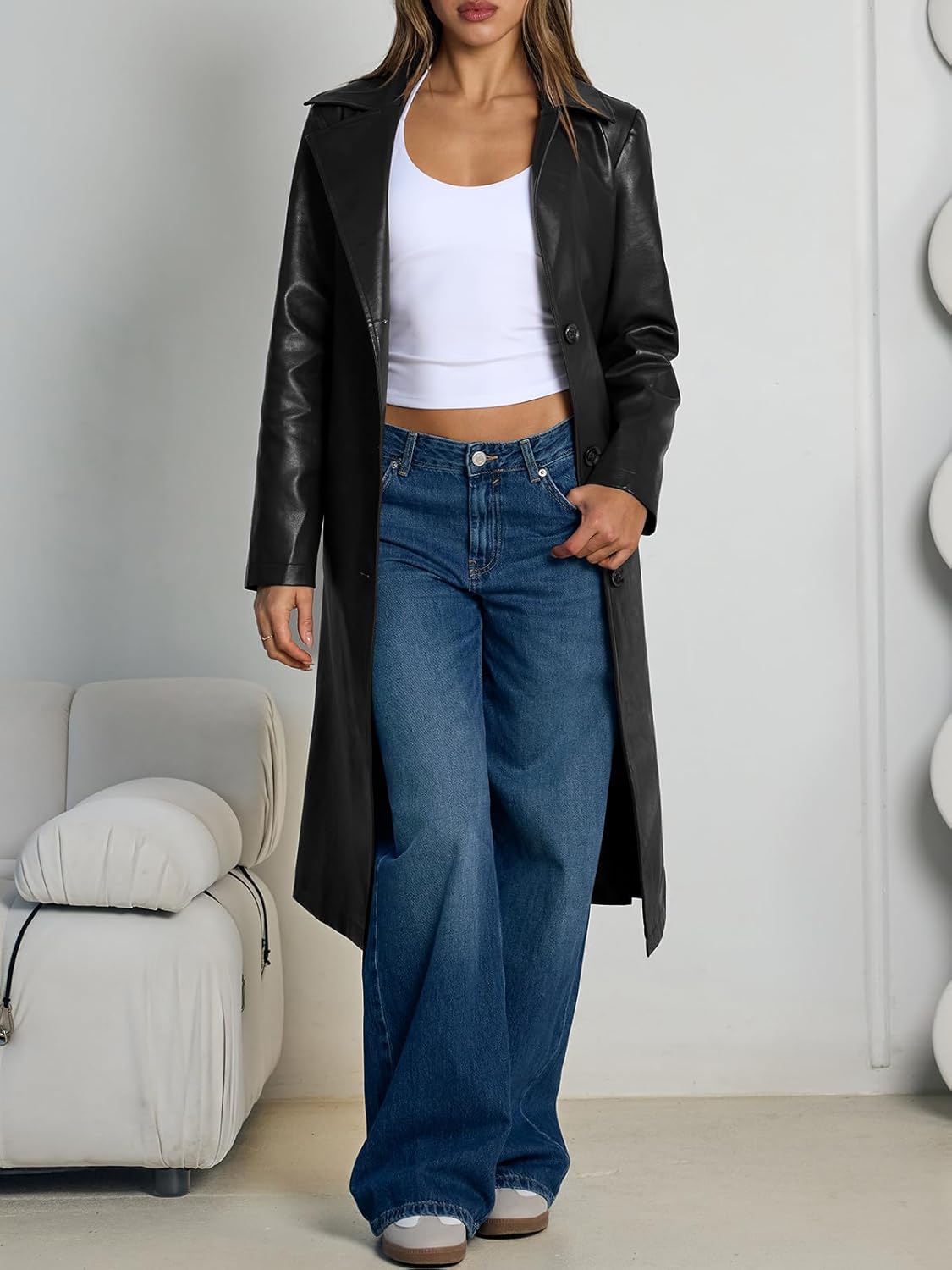 Trendy Queen Womens Long Leather Jackets Trench Coat Blazer Lapel Faux Open Front with Belt