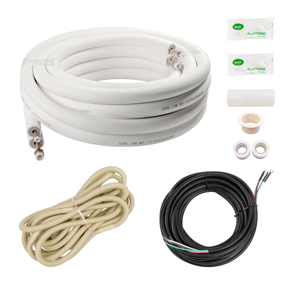 Wostore 25 Ft. Line Set 1/4&amp;1/2 Inch 3/8" PE for Mini Split Air Conditioner Insulated Coil Copper Pipes HVAC with Fittings