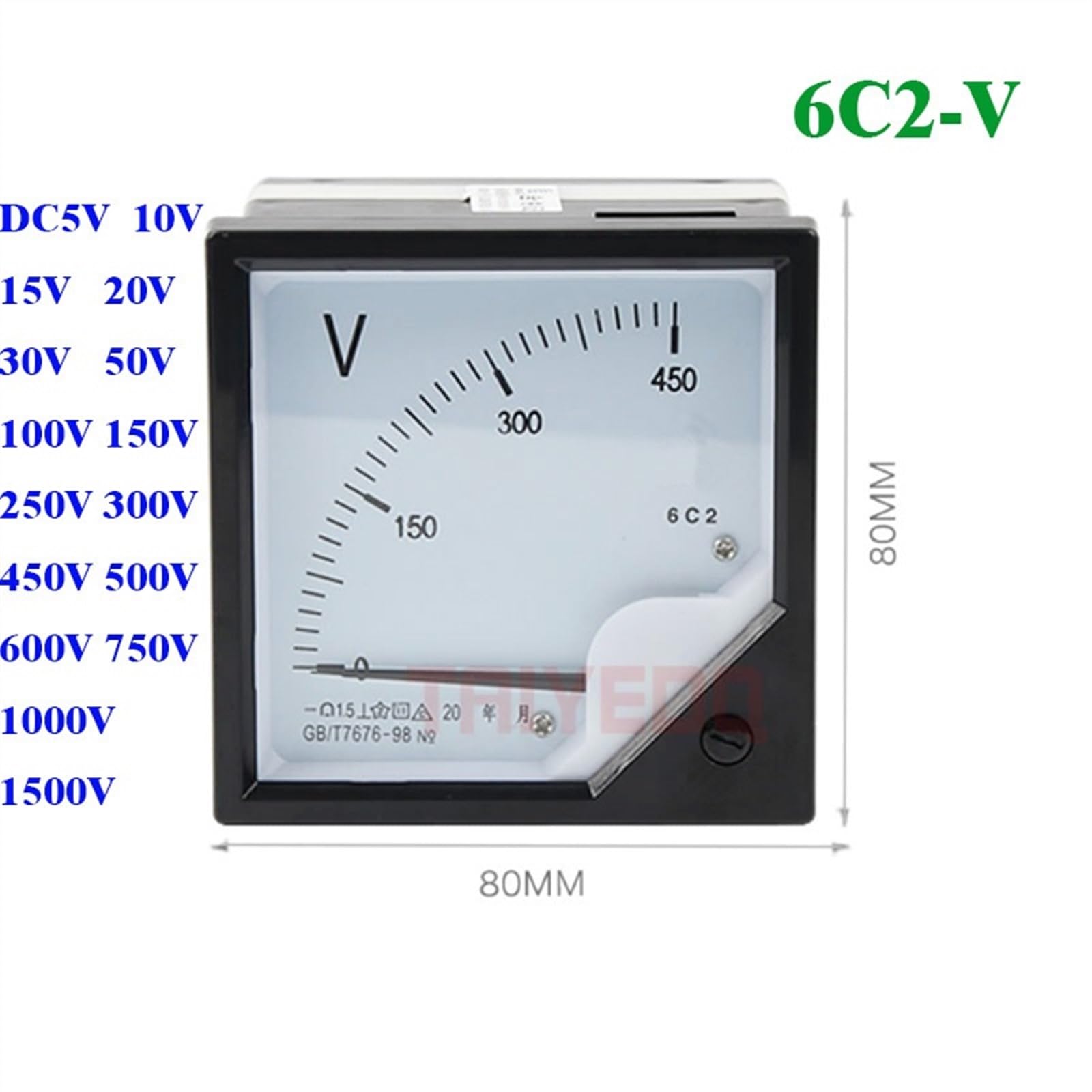 6C2 DC Voltmetro 5V 10V 15V 30V 75V 100V 150V 300V 500V 750V 1000V Pannello Voltmetro Analogico Tester di Tensione Contatori Elettrici 80 * 80mm(DC50V)