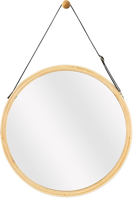 Navaris Round Hanging Mirror - Small Bamboo Wall-Mounted Contemporary Modern Design Mirror with Adjustable Strap for Living Room, Bedroom, Hallway