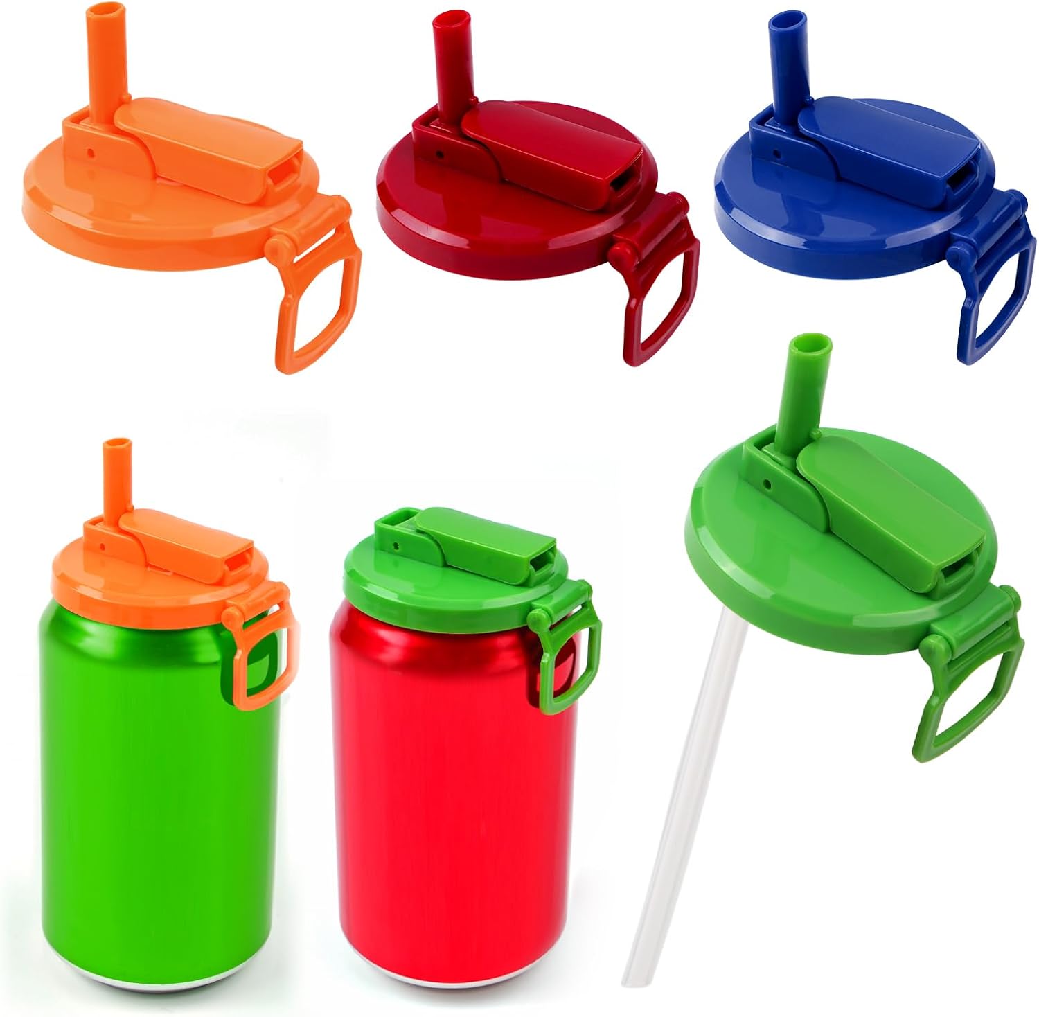 4 Pack Colorful Soda Can Lids with 8 Silicone Straws, Food-Grade Resuable Drink Covers for Standard Size Soda/Beer/Energy Drink Cans, Leak-Proof Seals for Parties, Picnic, Travel (Colour solid)