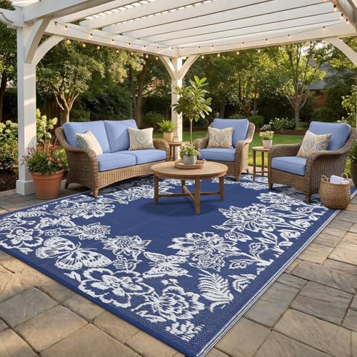 GarveeHome Outdoor Rug 8x10 Patio Waterproof, Reversible Plastic Straw Rugs for Camping, Picnic, Balcony, Porch, RV, Easy-Clean & Quick Dry Floral Pattern Large Indoor Outdoor Carpet, Dark B