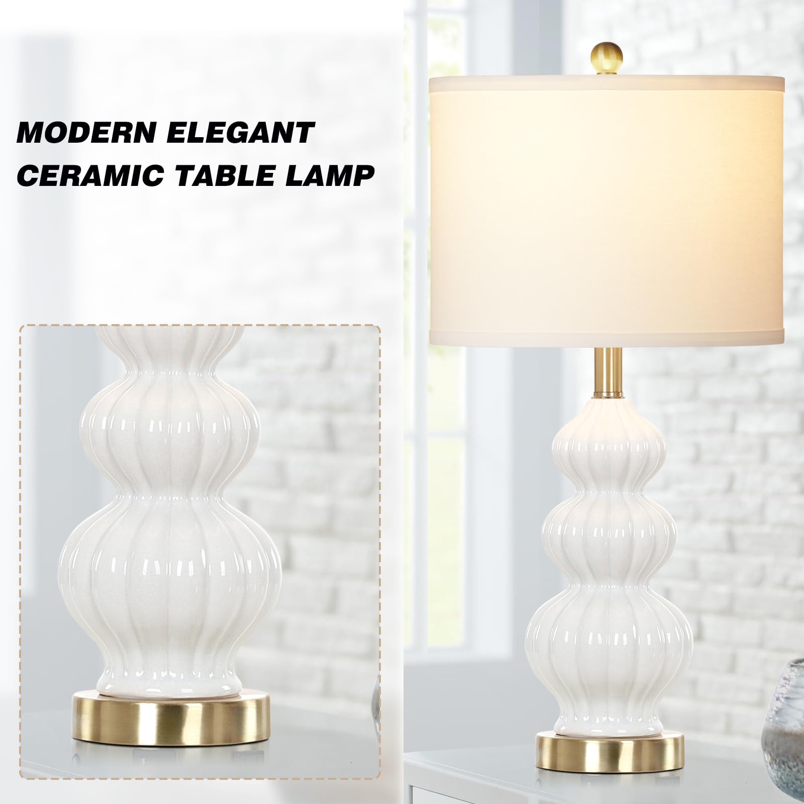 Rinweey Triple Gourd Ceramic Table Lamps Set of 2, Modern White