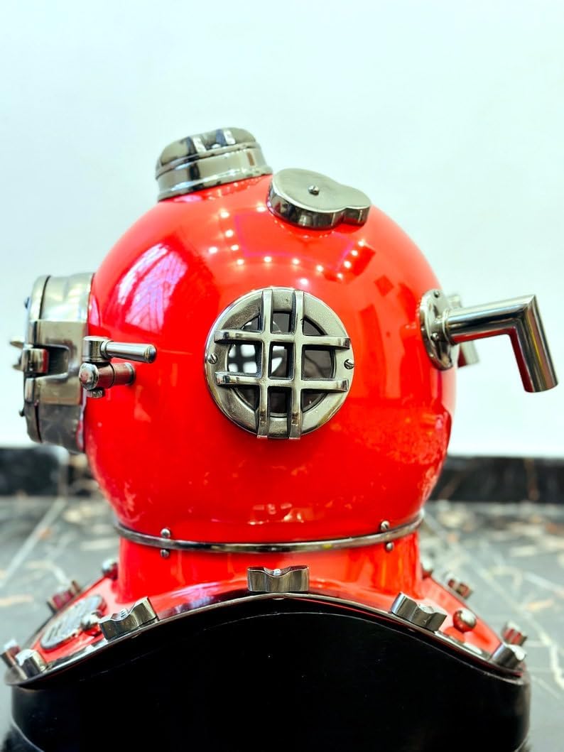 Red Scuba Diving Helmet ~ Mark V 18" Inch Scuba Diving Helmet with Wooden Base ~ Maritime Ship's Decorative Helmet ~ Best Decore Gift