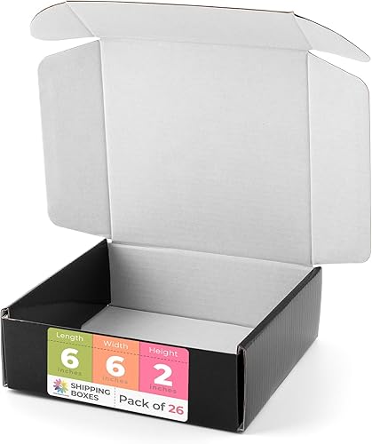 Mat Board Center, caja negra de envío de 6 x 6 x 2, caja resistente al agua para correo de pequeñas empresas, cartón corrugado, paquete de 26