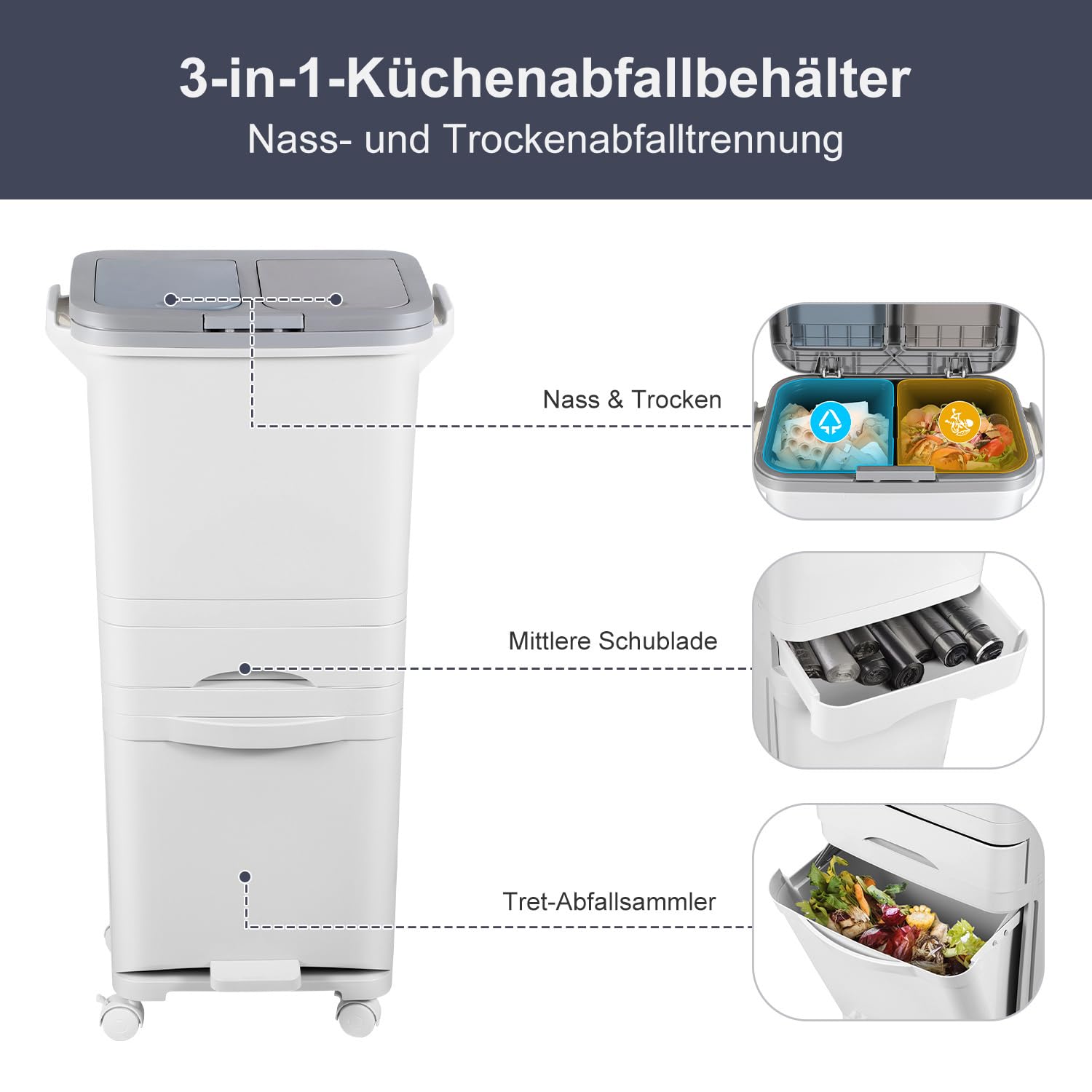 Mülleimer Küche mit 3 Fächern, Küchenmülleimer 42L, Tretmülleimer, Abfalleimer mit Deckel, Recycelbarer Großabfallbehälter, Trocken und Nasstrennung, für Küche, Wohnung und Büro, Weiß