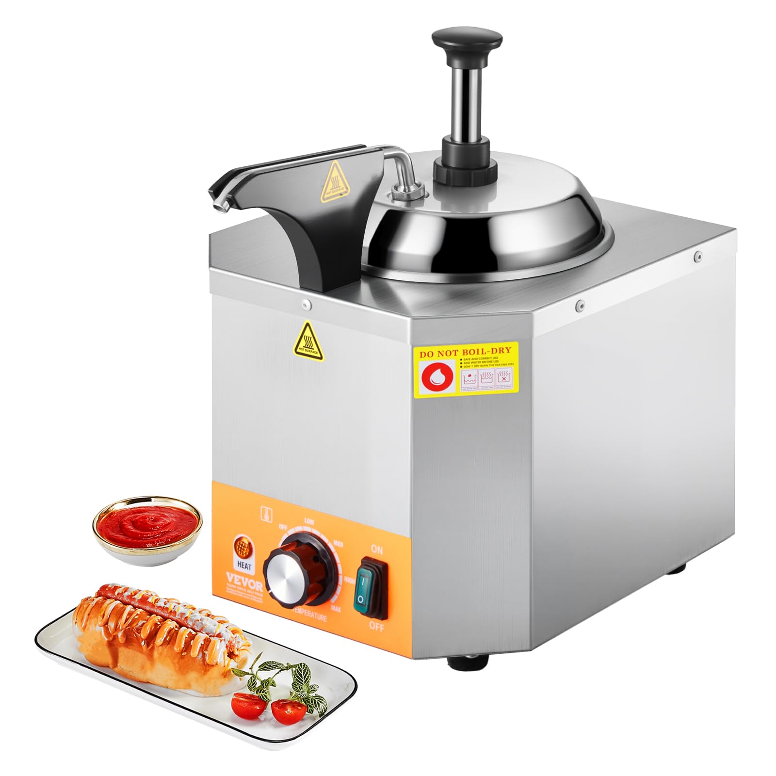 VEVOR Electric Cheese Dispenser with Pump, 2.4L Commercial Hot Fudge Warmer, Stainless Steel Heated Pump Dispenser, 86-230℉ Temp Adjustable Nacho Cheese Sauce Warmer, for Hot Fudge Cheese Caramel