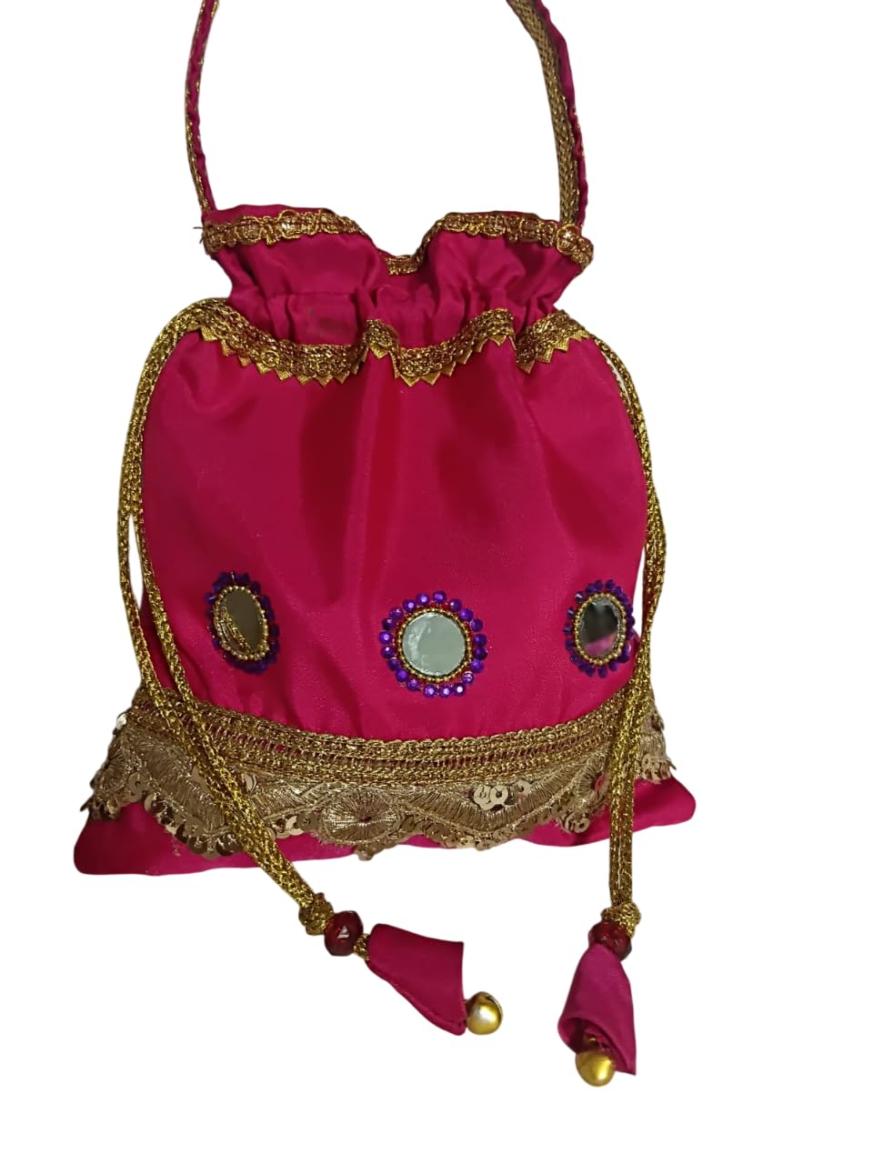 Veena Creations Pink Potli Bag for Women | Gold Embroidery & Mirror Work | Beaded Drawstring Ethnic Wristlet Clutch for Wedding, Party & Festive Use-image-21