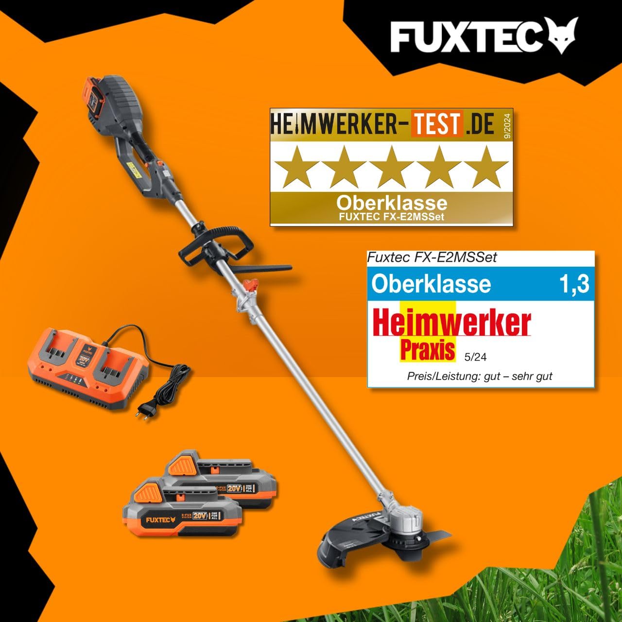 FUXTEC Akku Motorsense 2x20V FX-E2MSSET– Schnittbreite 25,5 – 35cm, 10Kg leicht, bis zu 6000 U/min (mit Akku & Ladegerät)