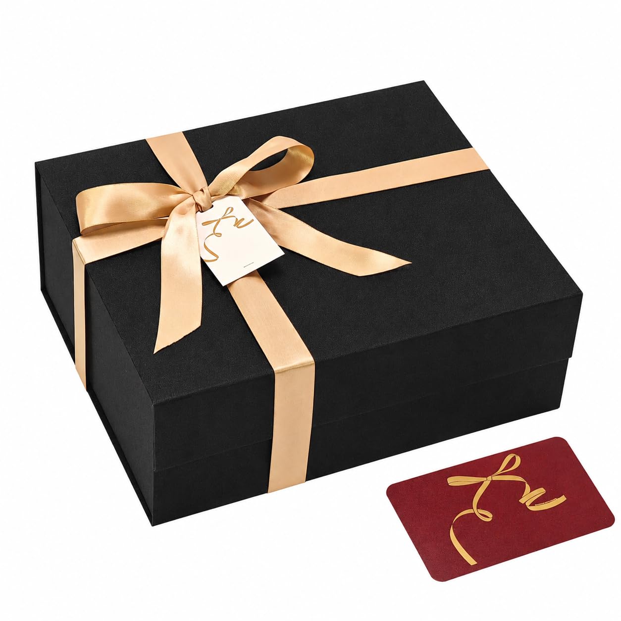 BloomWrap Black Gift Box with Lid 29 x 25 x 11 cm, Shimmer Finish Magnetic Closure Foldable Present Box with Ribbon, Card & Gift Tag
