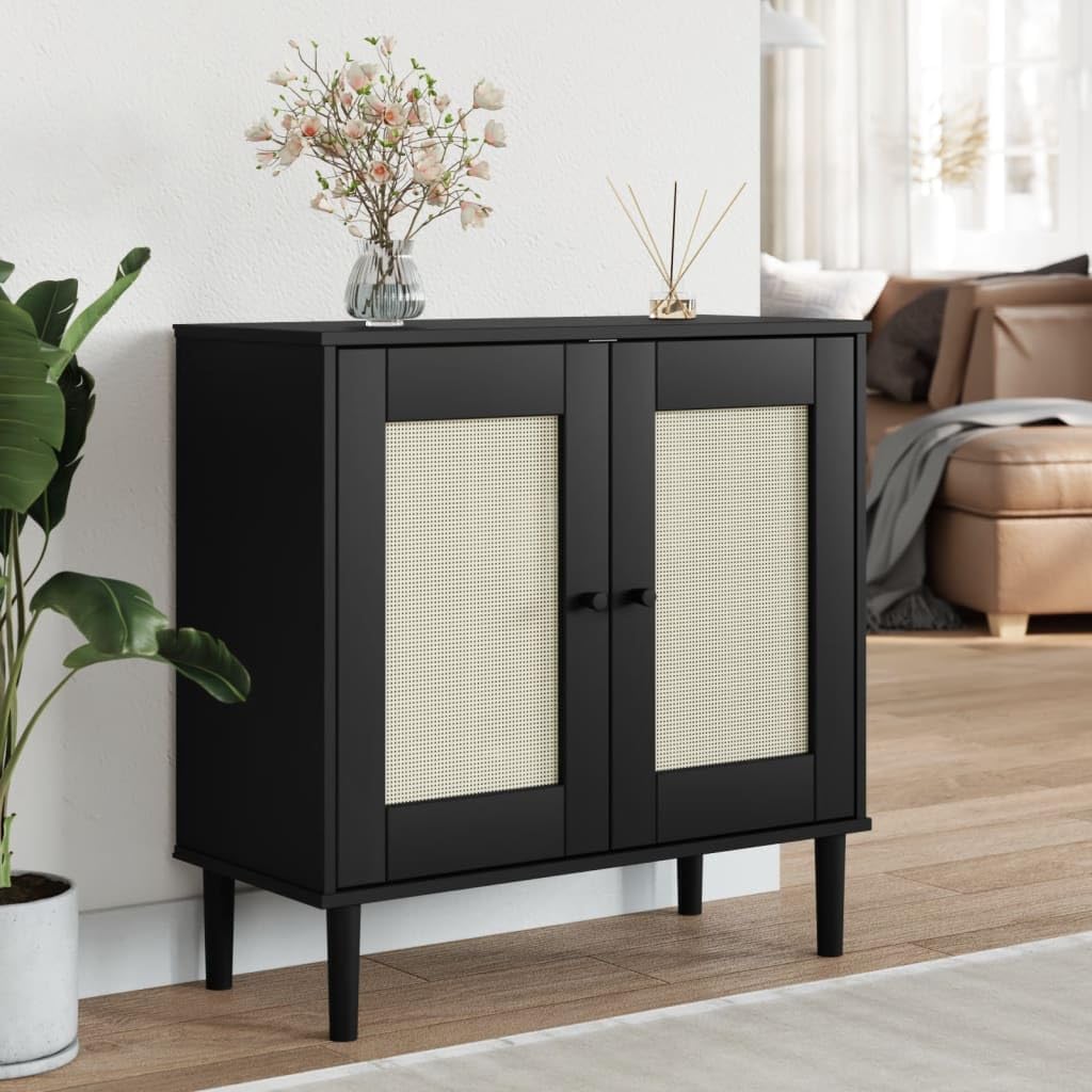 Modern Sideboard Black Solid Pine Wood Engineered Wood Poly Rattan Storage Unit with 2 Shelves 2 Compartments for Dining Room Living Room Hallway