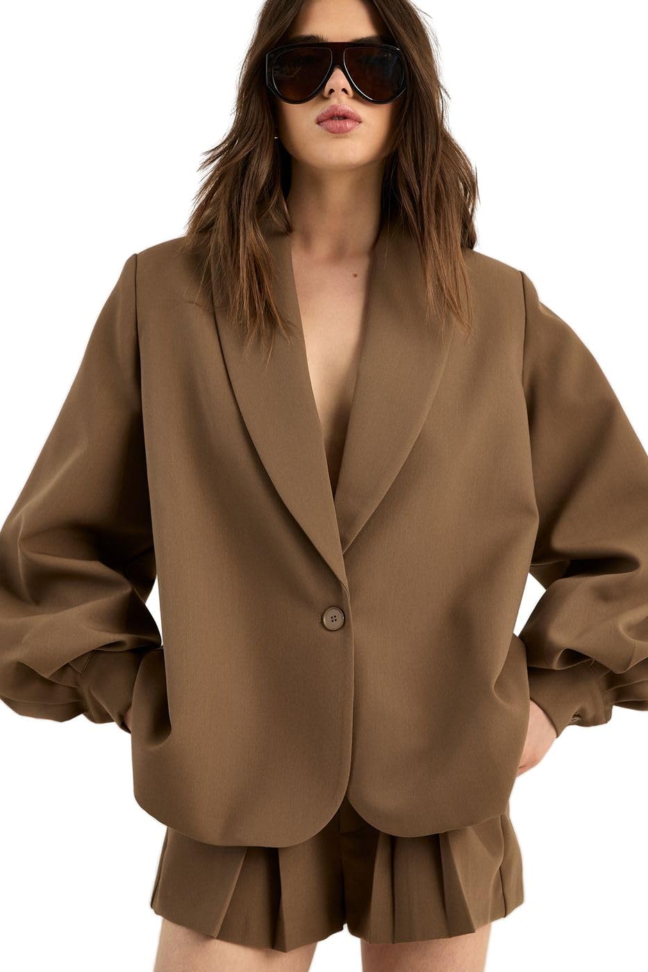 Nasty Gal Tailored Oversized Balloon Sleeve Blazer Co-Ord, 16, Brown