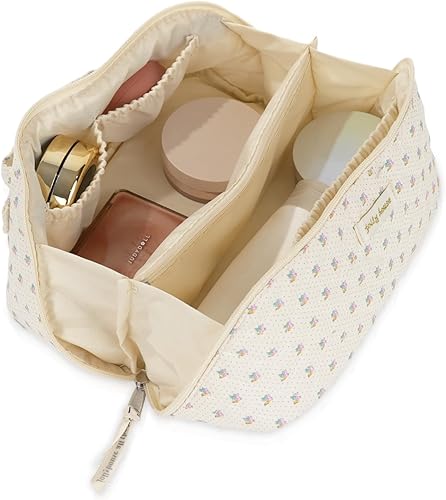 Bolsa de maquillaje, bolsas de cosméticos grandes para viaje, organizador de maquillaje, bolsa portátil, bolsa de aseo plana abierta para mujeres