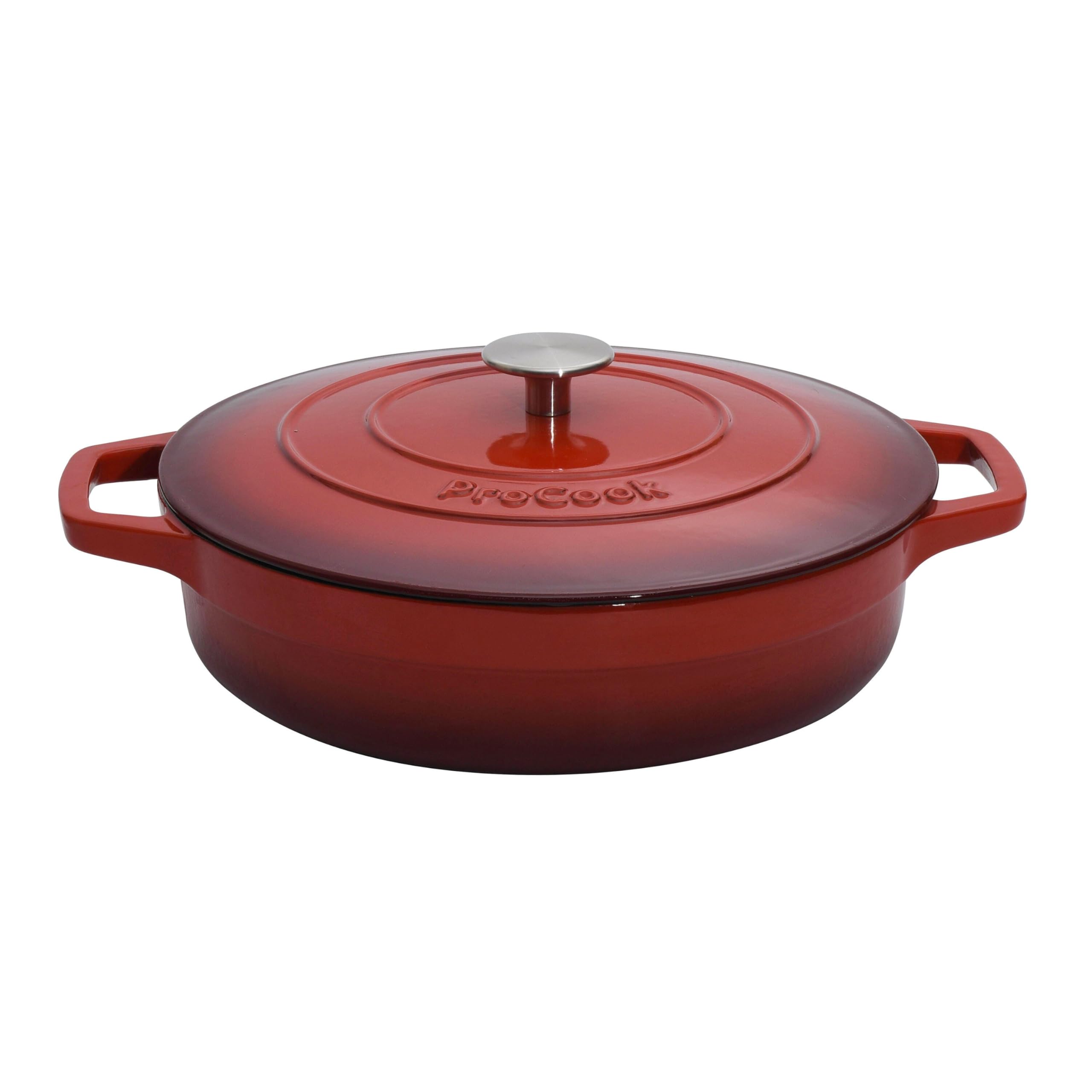 ProCook Red Shallow Oval Cast Iron Casserole Dish with Self Basting Lid Enamel Coated Induction & Oven Safe Cookware - 28cm / 3.9L