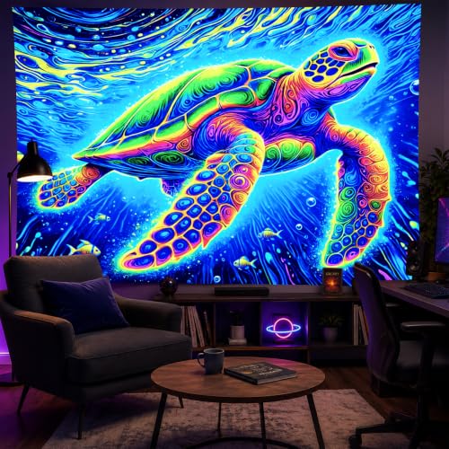 Image of BlissYard Blacklight Tapestry 78x59 Inch Sea Turtle Glow in the Dark Trippy Ocean Wall Art UV Reactive Neon Psychedelic Turtle Tapestry for Bedroom Dorm Party Wall Hanging Decor