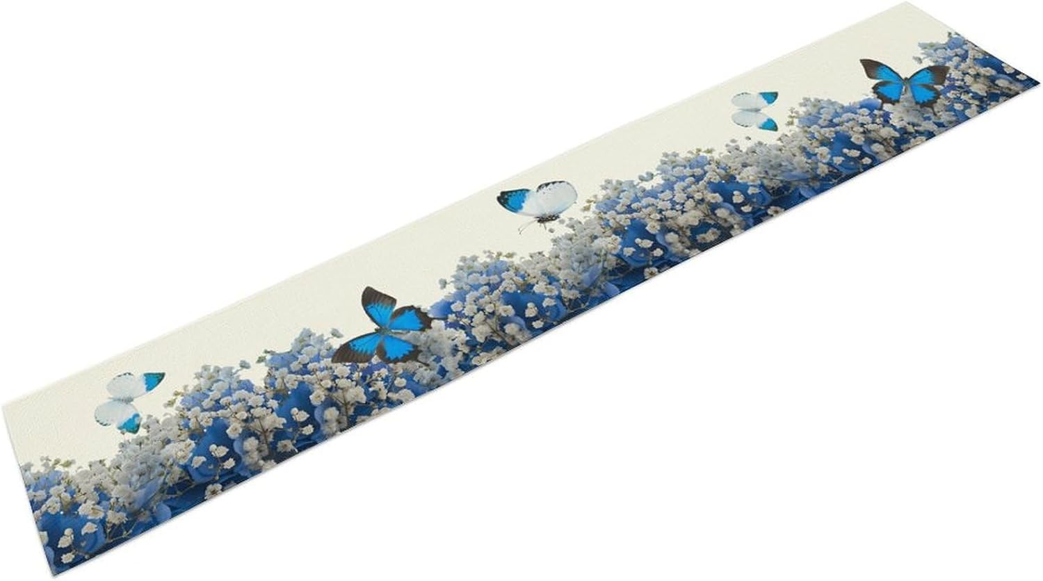 Butterfly Floral Table Runner, Blue White Hydrangea Flowers Bloom Spring Garden Theme Table Runner for Kitchen Dining Holiday Party Wedding, 13x120 Inch