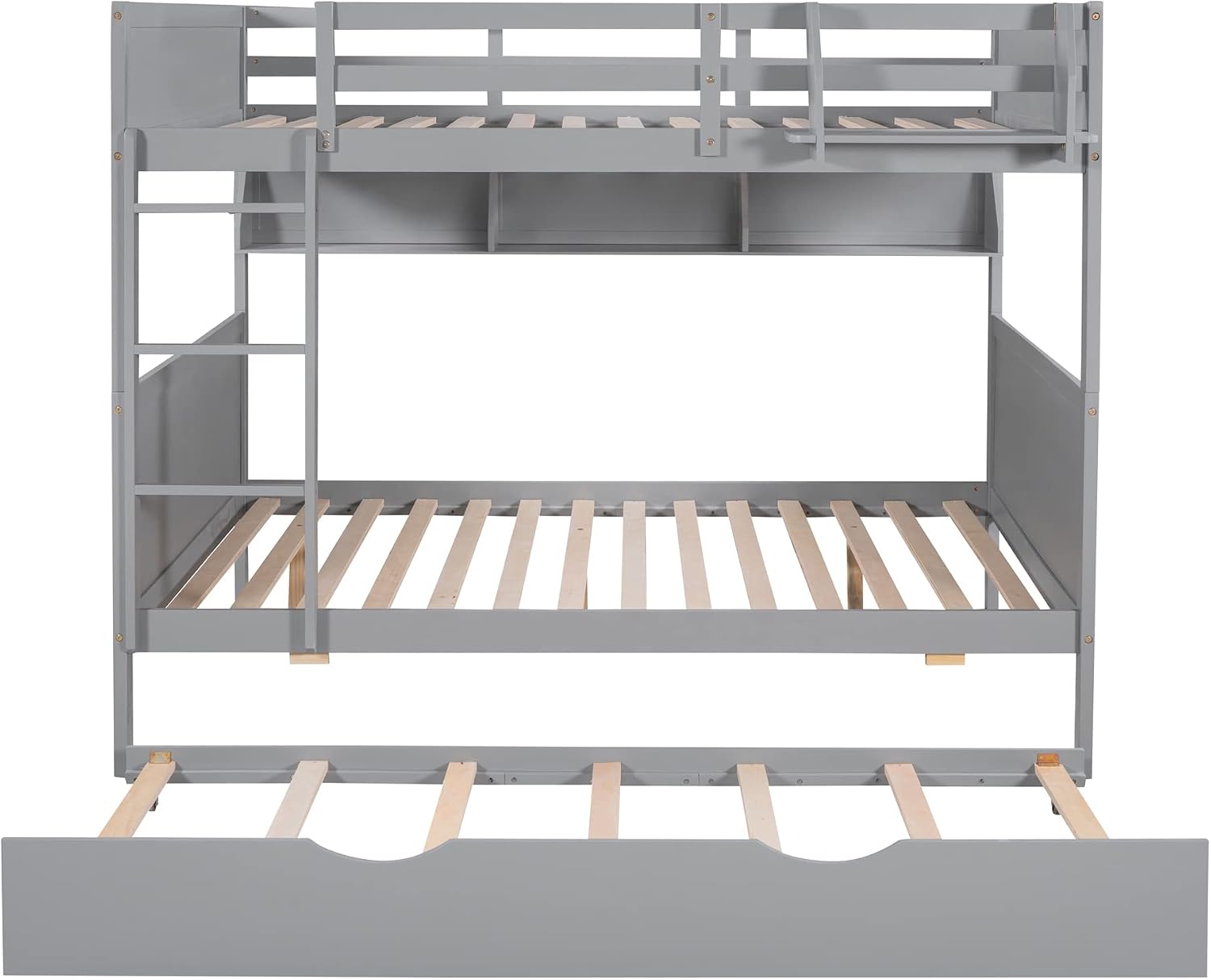Bellemave Full Over Full Bunk Bed with Trundle and Storage Shelves, Wood Detachable Bunk Bed Frame, Can Be Divided Into 2 Full Size Bed, Separable Bunked for Kids Boys Girls Teens, Gray