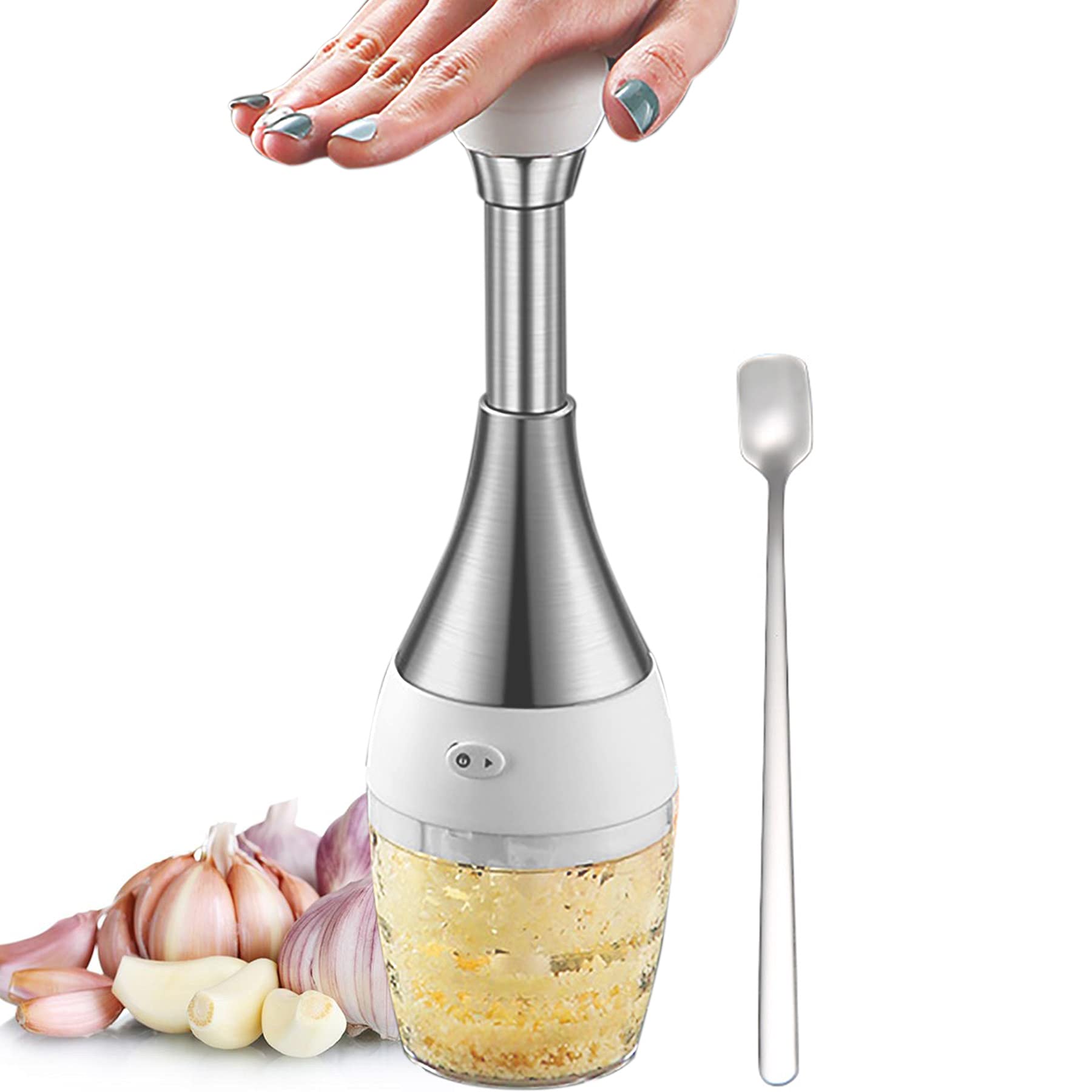 Mini Manual Garlic Processor, Moonjor Bowling Ball Shape 3-Blade Onion Chili Grinder Miner Presser w/ Spoon (Up-Down Push)