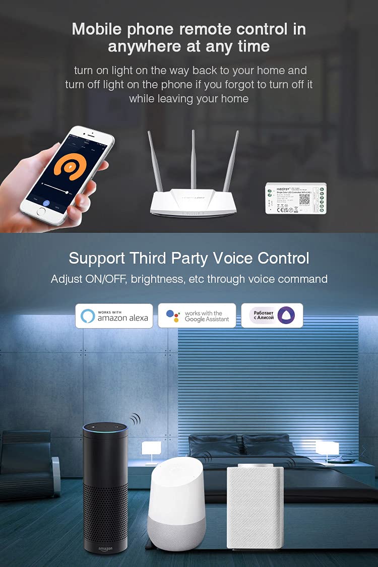 LIGHTEU®, Miboxer dimmer controller per strisce LED WiFi monocolore, controllo vocale remoto e controllo APP, nessun WiFi-box necessario, bluetooth 4.2, FUT036W