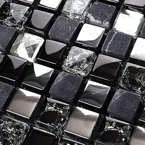 Hominter 6-Sheets Glass Marble Wall Tile, Grey and Black Rhinestone Backsplash for Kitchen, Silve Coating and Crackled Crystal Mosaic Bathroom Tiles KS66B Cover
