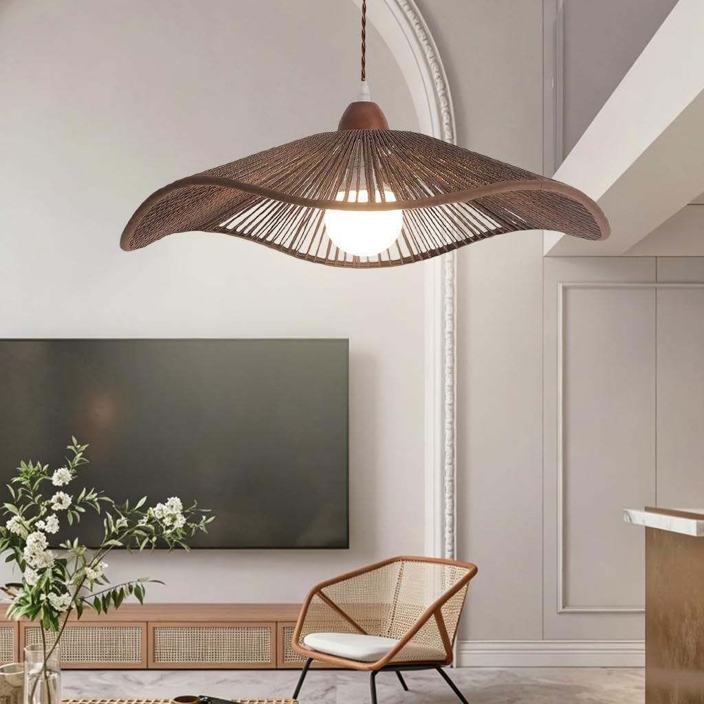 JOJOM Lampe tissée à la main Marron de Noyer Lustre au look bohème Corde de Chanvre suspension luminaire Hauteur Réglable Pour salon cuisine chambre Restaurant Salon de thé(A42)