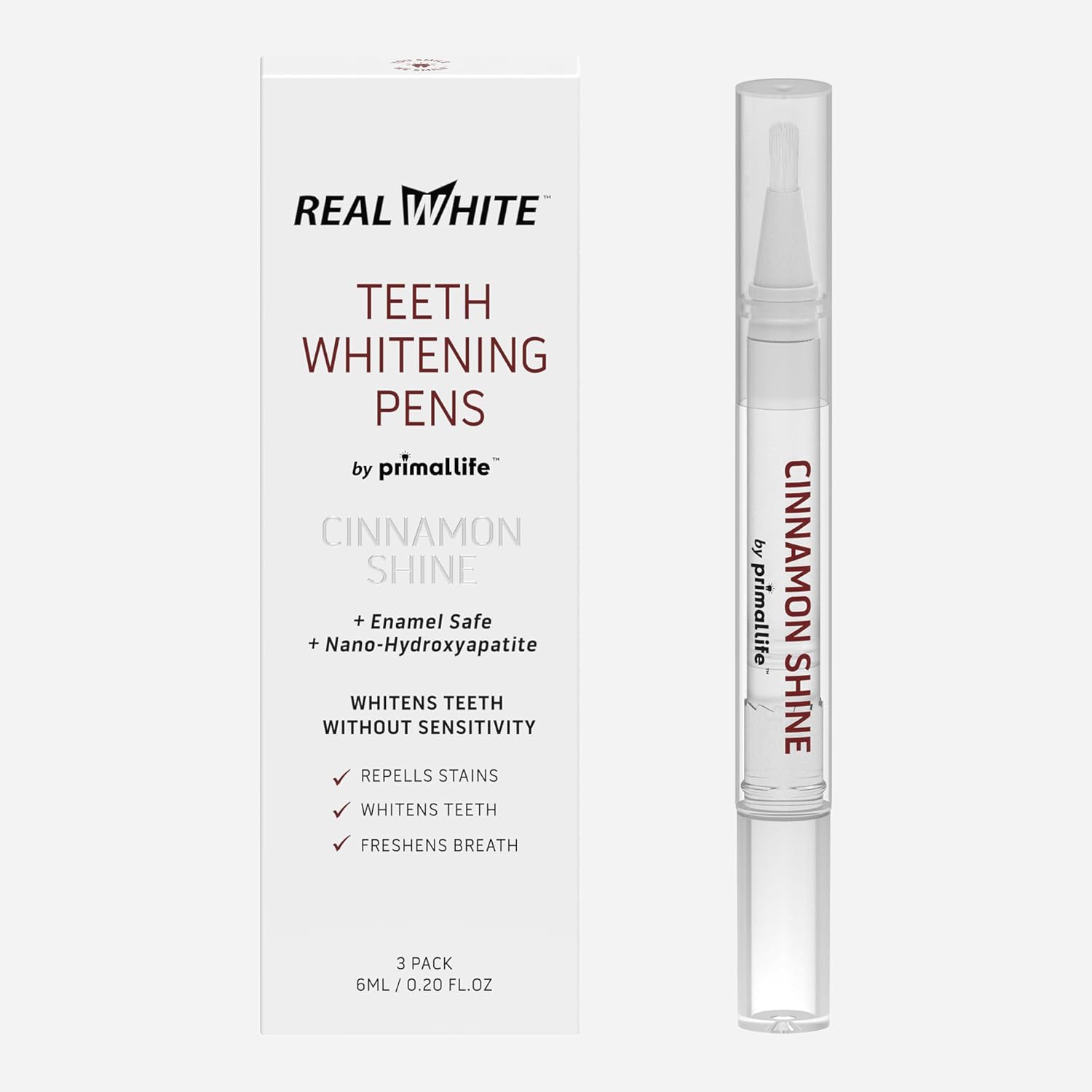 Primal Life Organics Real White Teeth Whitening Pens, All-Natural, Peroxide-Free, Sensitivity-Free, 3 Pack (Cinnamon)
