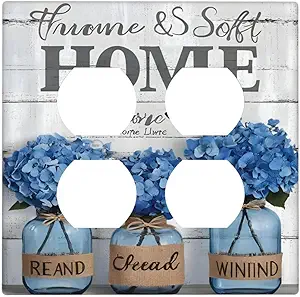 Decorative Outlet Covers Blue Flower Bottles Wood Plank 2 Gang Wall Plate Cover Double Duplex Receptacle Two Switch Light Switch Cover Plate Jumbo Dual Faceplate