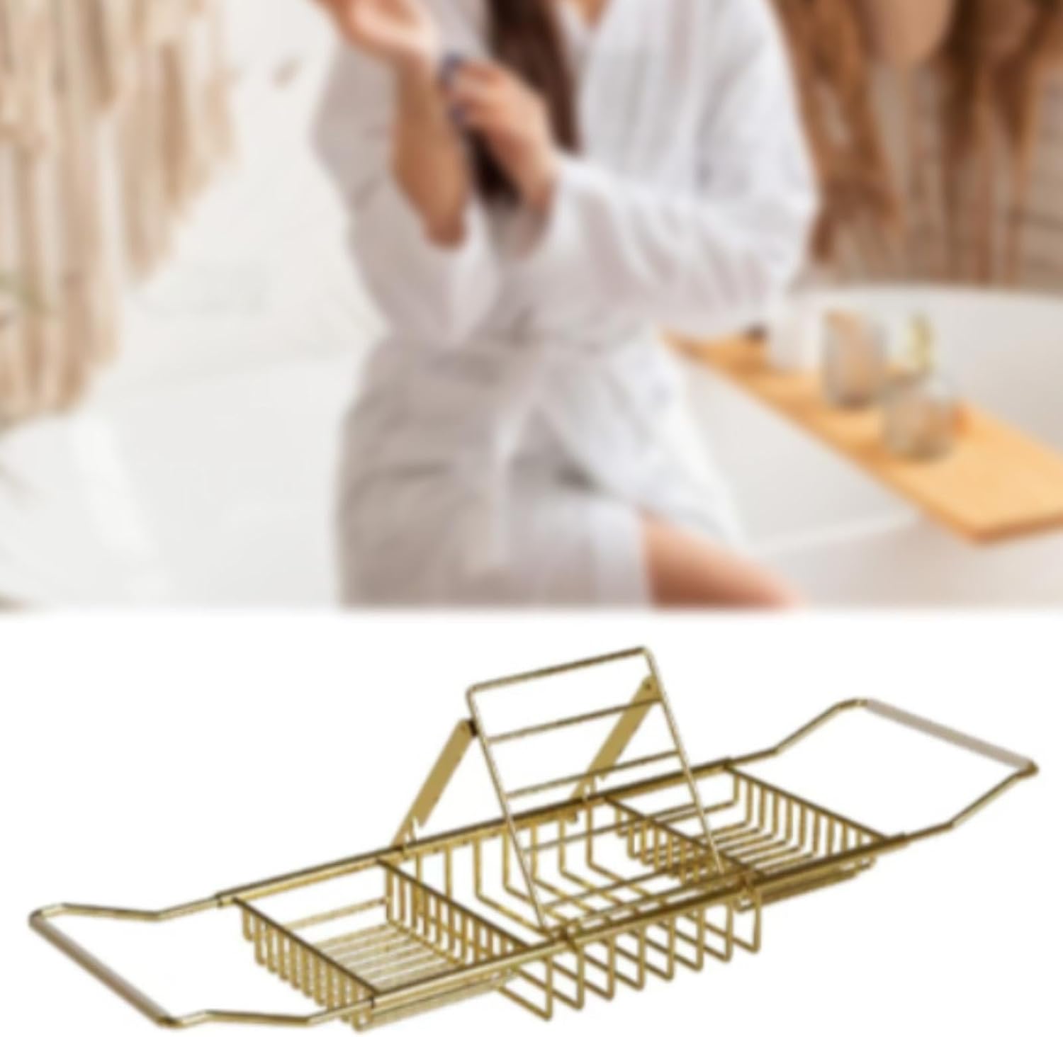 Gold Bathtub Tray - Luxury Over Bathtub Shelf Rack for Spa & Relaxation Stylish Bath Basin Table for Shampoo & Soap Elegant Bathing Accessory Nizer-Gold with Stand