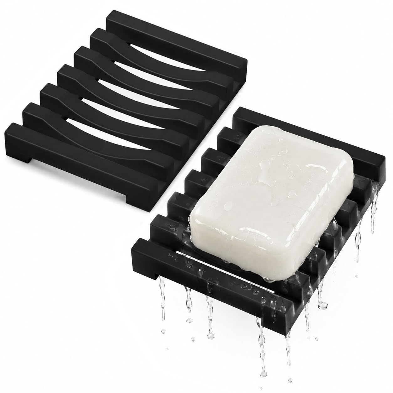 Topsky Lot de 2 Porte-Savon Longs, Porte Savon Silicone Noir en Silicone avec Drainage Auto-drainant, Design de séchage, pour Cuisine, Salle de Douche, Salle de Bain(Noir)