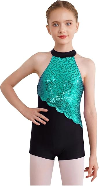Figure Skating Dress Kids Girls Halter Shiny Sequins Ballet Dance Shorty Gymnastics Leotard Jazz Latin Costumes