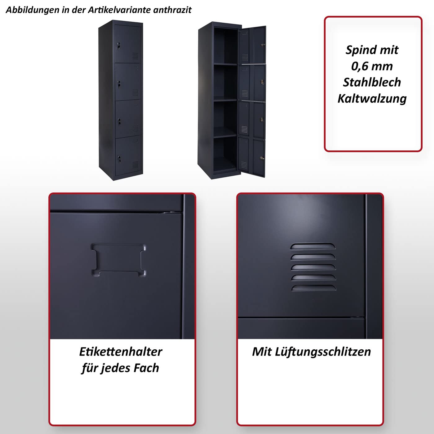 Mendler Schließfach Boston T163, Schließfachschrank Wertfachschrank Spind, Metall 180x38x45cm anthrazit