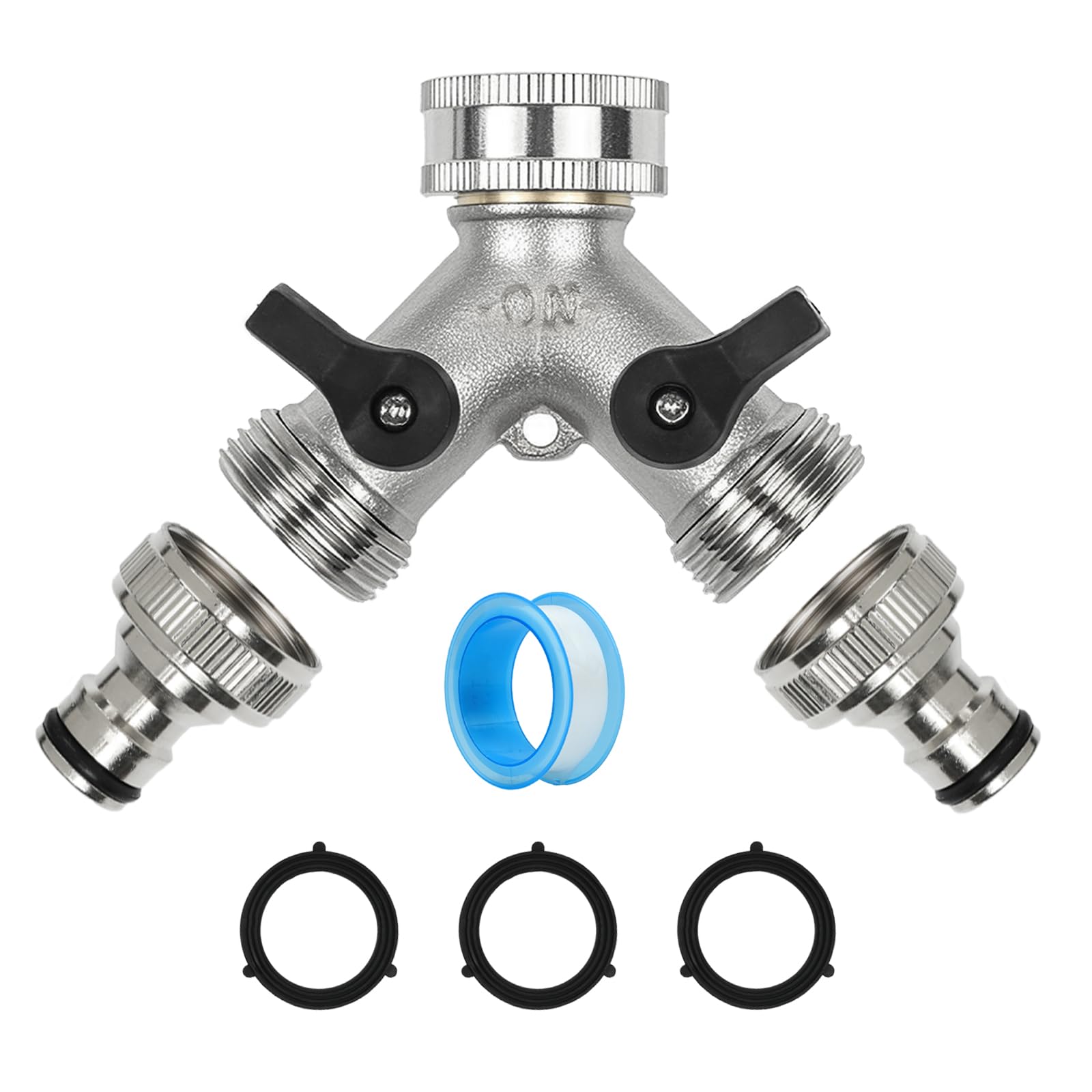 Hose Splitter 2 Way, Garden Tap Splitter 2 Way, 3/4" Brass Double Ways Hose Pipe Connector, Outdoor Double Outlet Garden Tap Fitting with Individual On/Off and 2 Quick Connectors for Irrigation