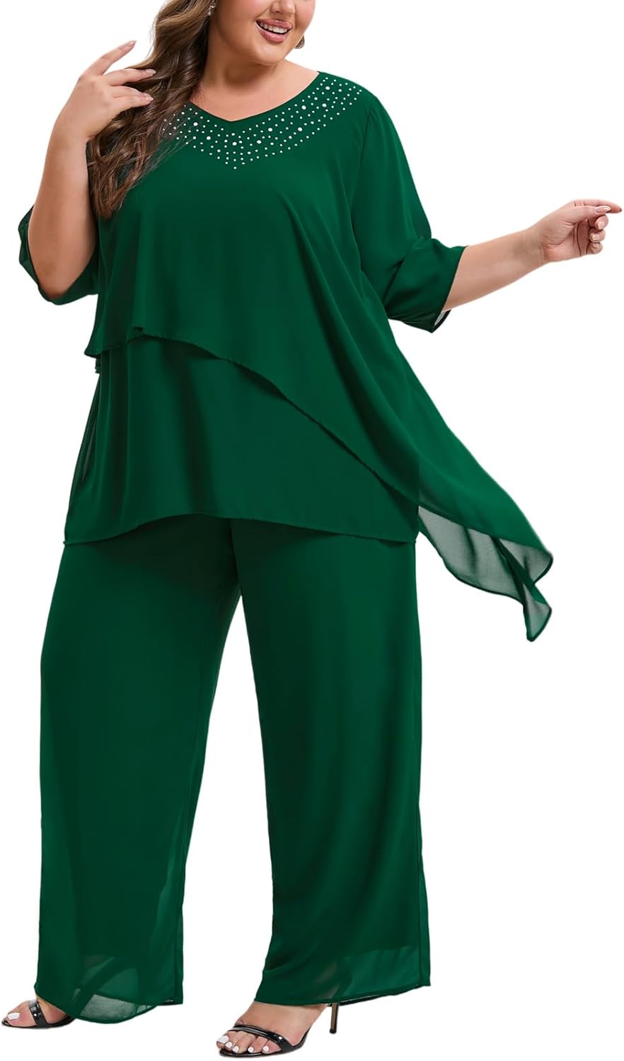 Plus Size Mother of Bride Pant Suits 2 Piece Ruffle Layers Chiffon Sets High Low Hem Wedding Guest Outfit