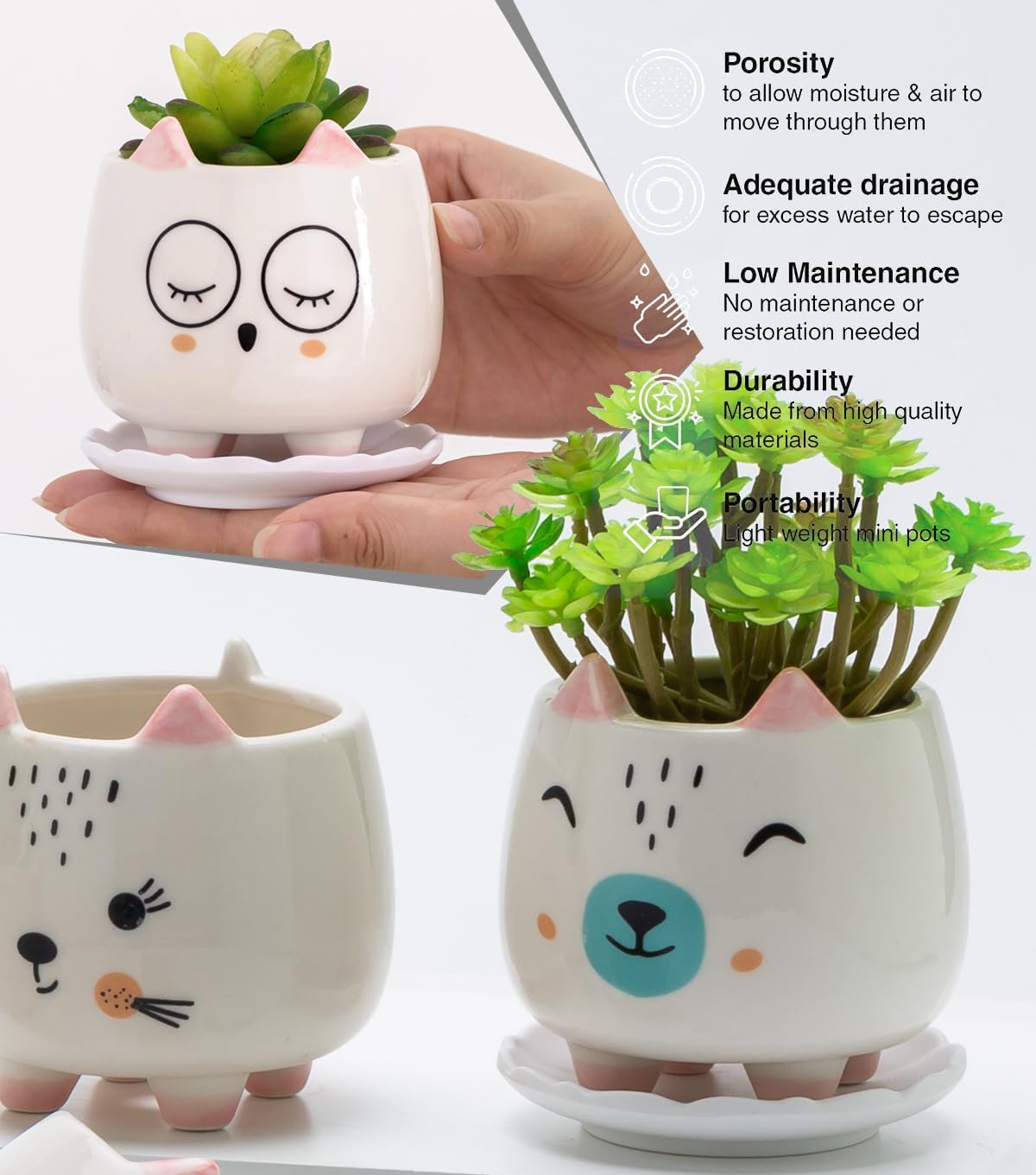 B SEPOR 6Pack 3.4inch Small Ceramic Animal Planter Pots for Baby Succulent with Drainage and Bamboo Tray Window Sill Gift for Girl(Sitting Cats)