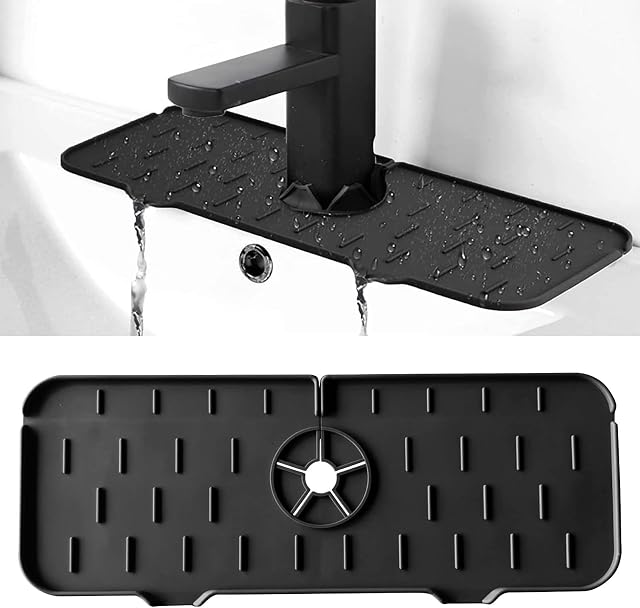 Silicone Faucet Handle Drip Catcher Tray,Kitchen Faucet Mat,Washable Kitchen Sink Splash Guard,Kitchen Guard Faucet Silicone Mat with Drainage,Kitchen Countertop Drying Rack (Black)