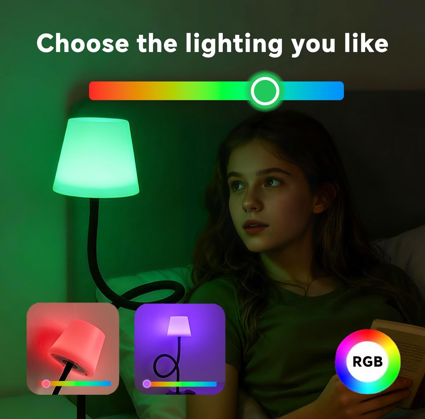 Clip On Light and Bed Reading Light, Clip on for Desk, Bedside Lamps for Dorm, College Dorm Room Essentials, Night Light for Kids Nursery, Multicolor LEDs, Adapter Included