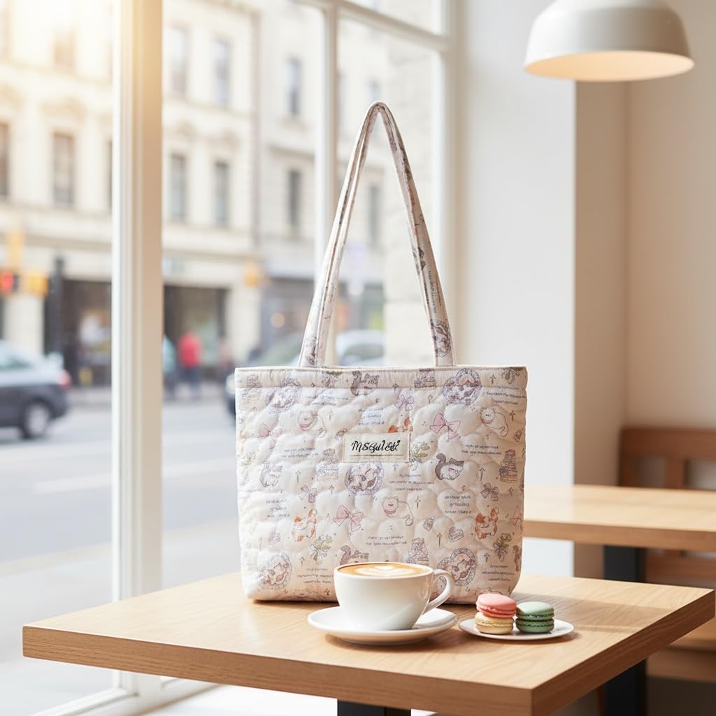 Floral Quilted Cotton Shoulder Bag for Women Daily Use Medium Size Handbag Large Capacity Thickened Design Tote