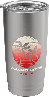 Cozumel Beach Mexico Retro Sunset Palm Beach Silhouette Stainless Steel Insulated Tumbler