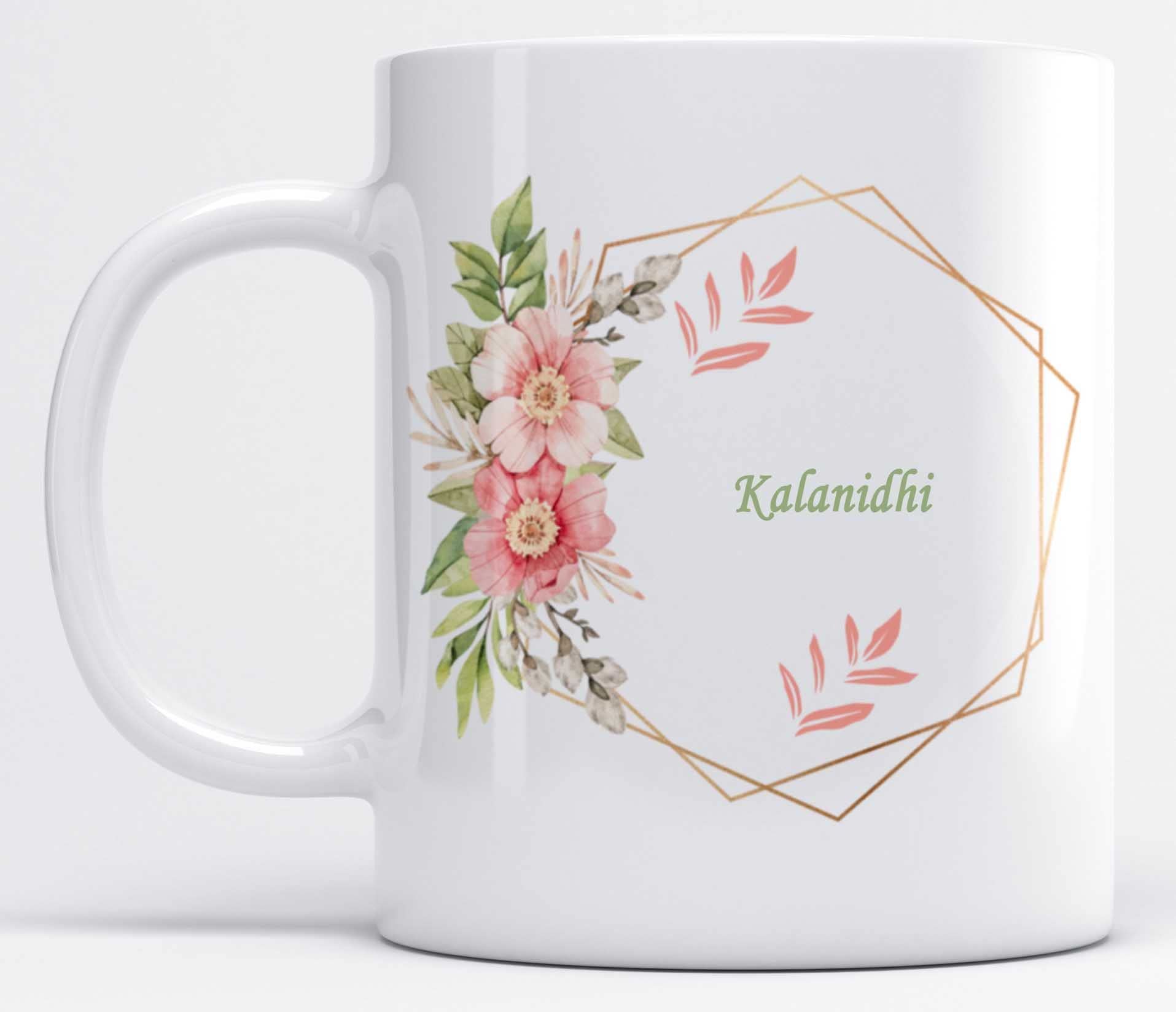 LOROFY Name Kalanidhi Printed Green & Pink Beautiful Floral Design White Ceramic Coffee Mug (350ML)