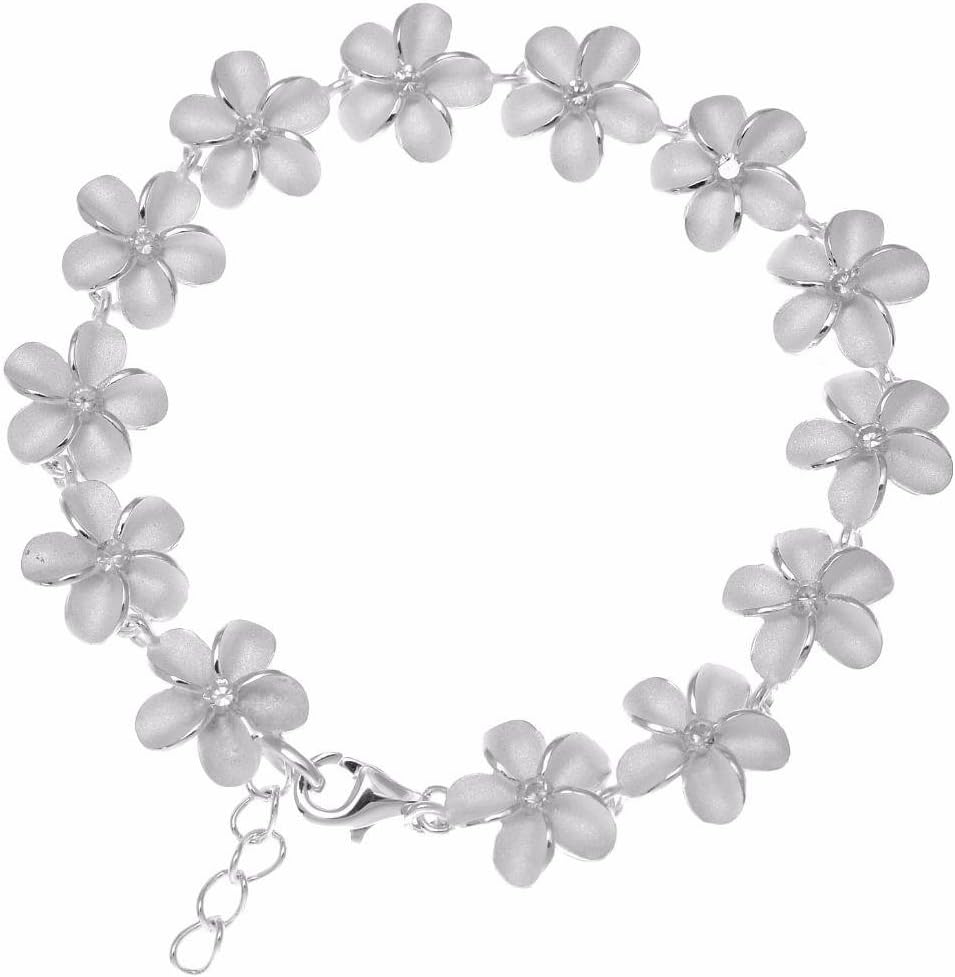 Arthur's Jewelry 925 sterling silver Hawaiian plumeria flower link bracelet cz 12mm 7.5"